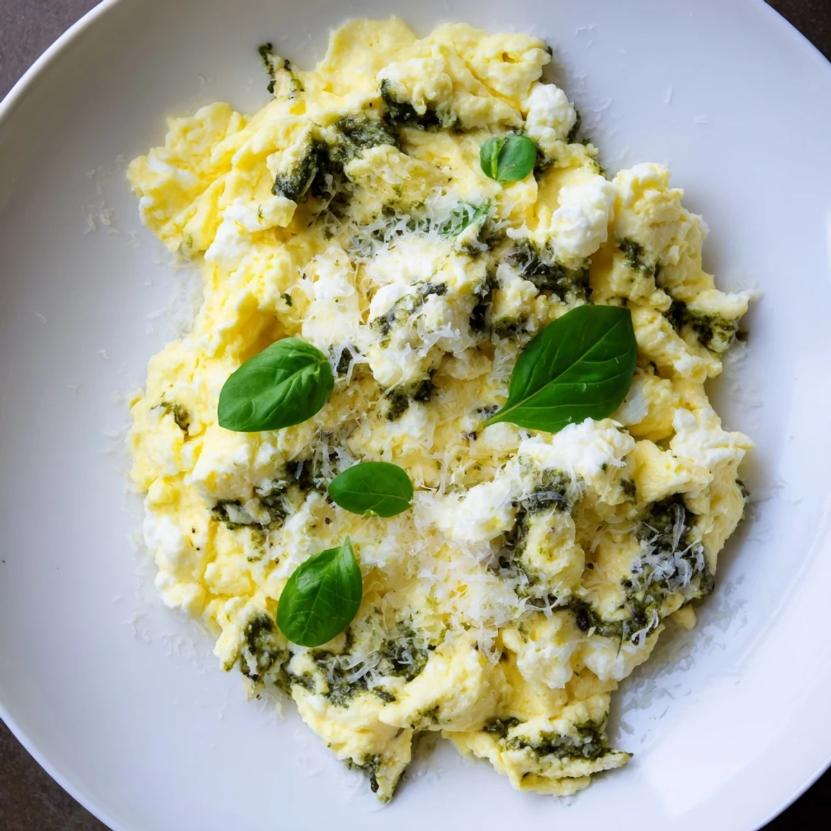 Fluffy Pesto Cottage Cheese Eggs, a vibrant breakfast, garnished with fresh basil and Parmesan cheese.
