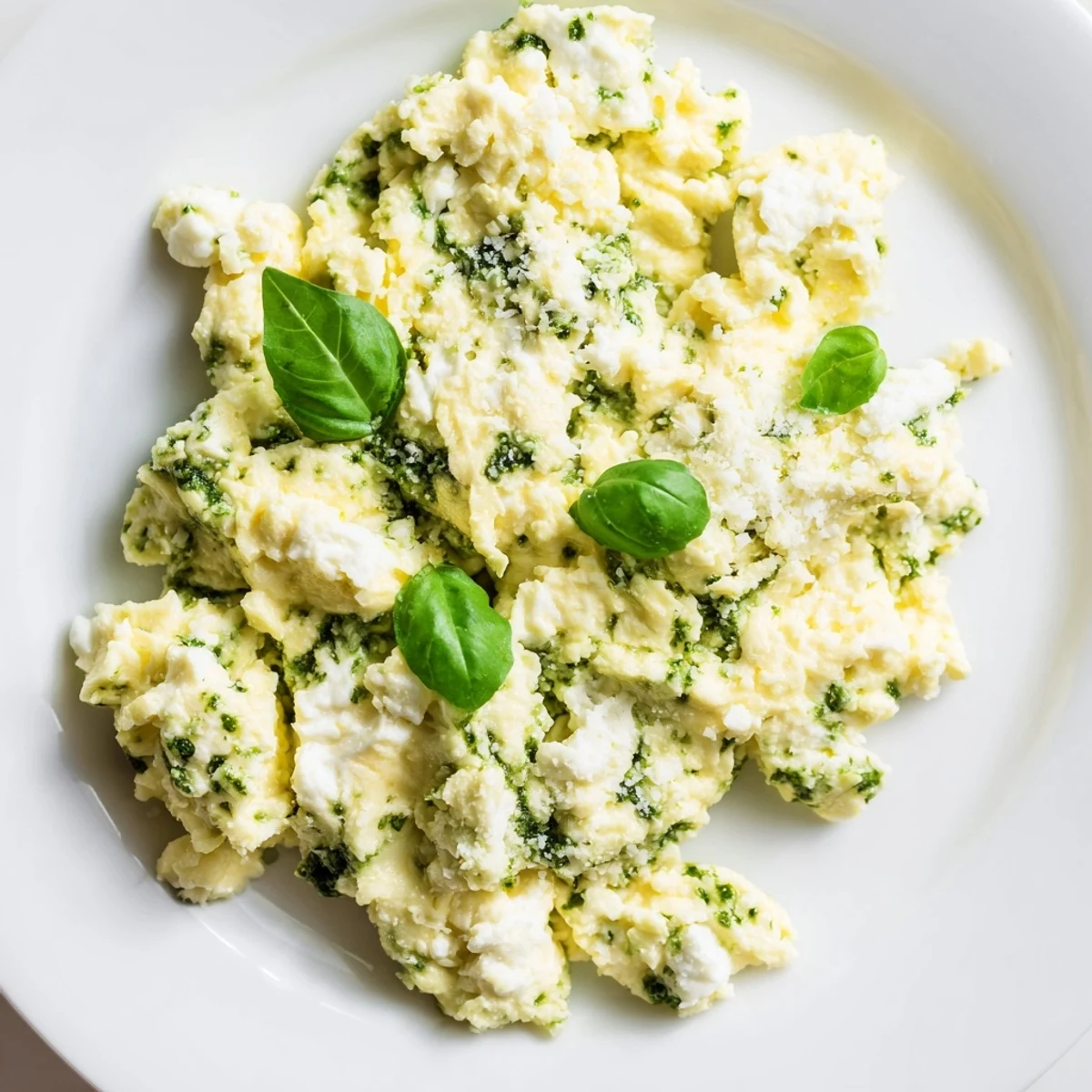 Picture of Pesto Cottage Cheese Eggs: a simple, protein-rich scrambled egg variation with pesto and cottage cheese.