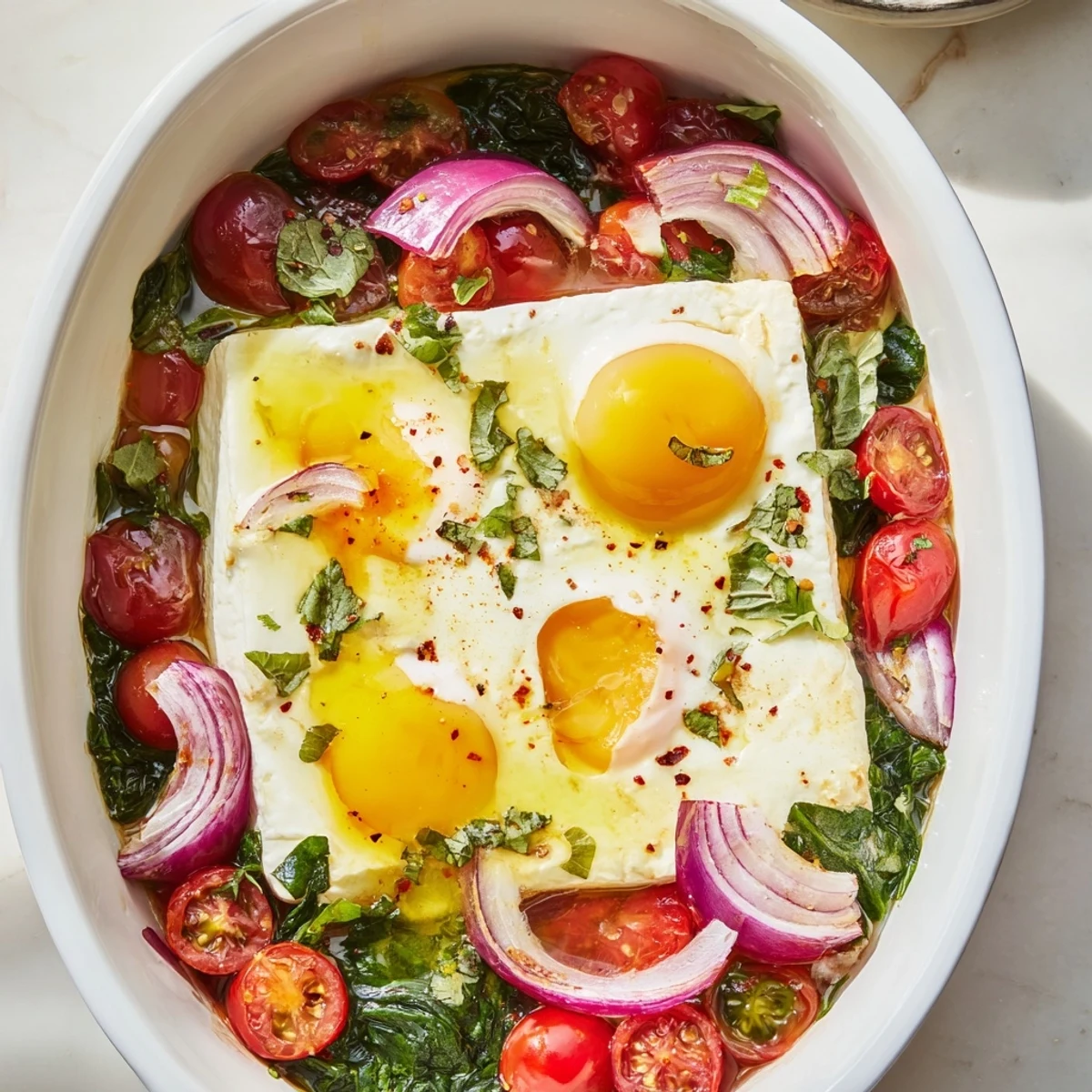 Golden-baked feta eggs with vibrant tomatoes, perfect for a flavorful Mediterranean breakfast.