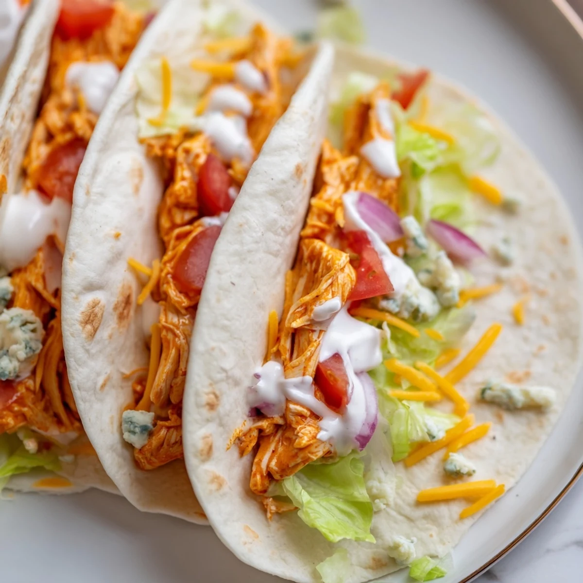 Steaming Buffalo Chicken Wrap with melted cheese, fresh veggies, and creamy ranch dressing ready to eat.