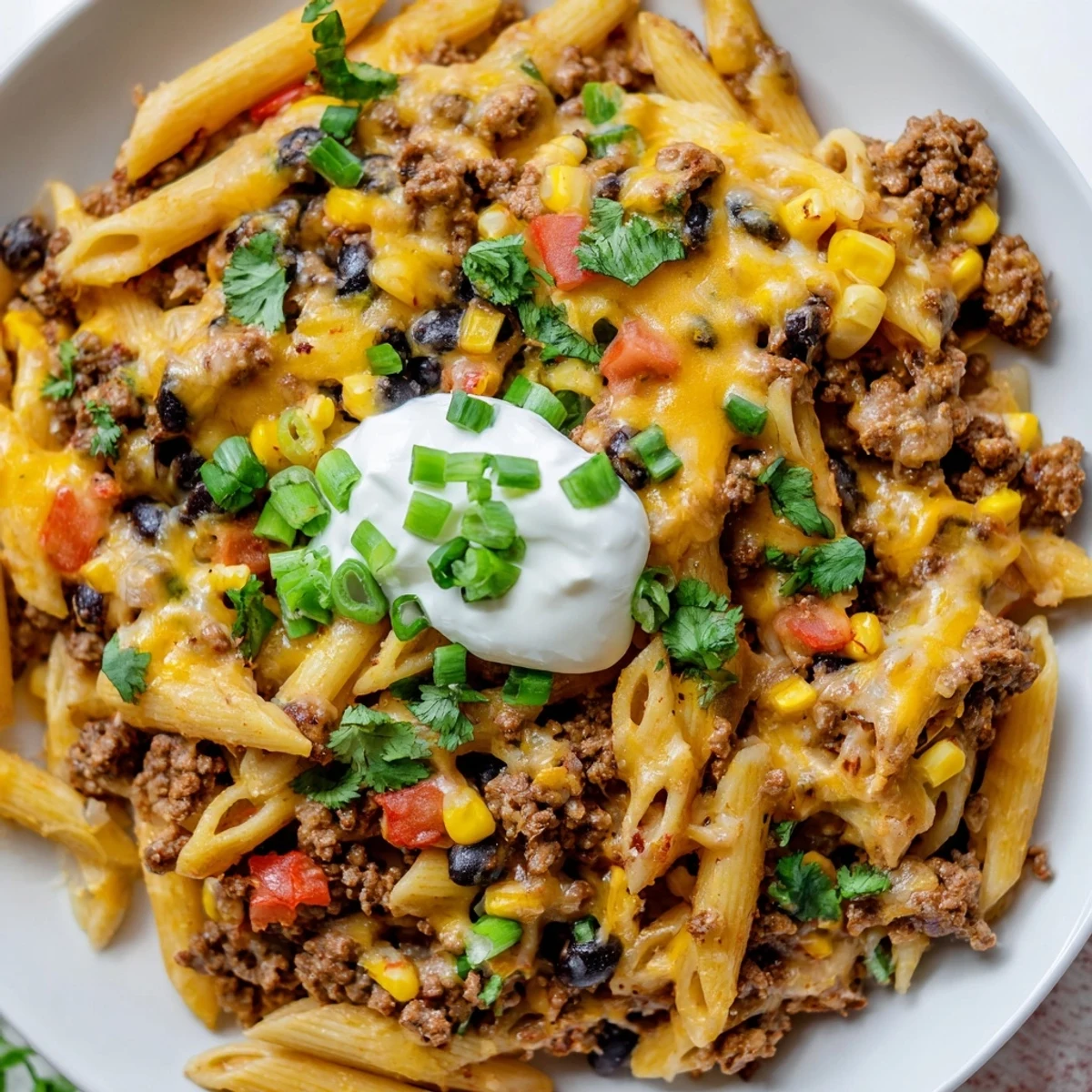 Steaming bowl of delicious Cheesy Taco Pasta, loaded with melted cheese and fresh cilantro garnish.