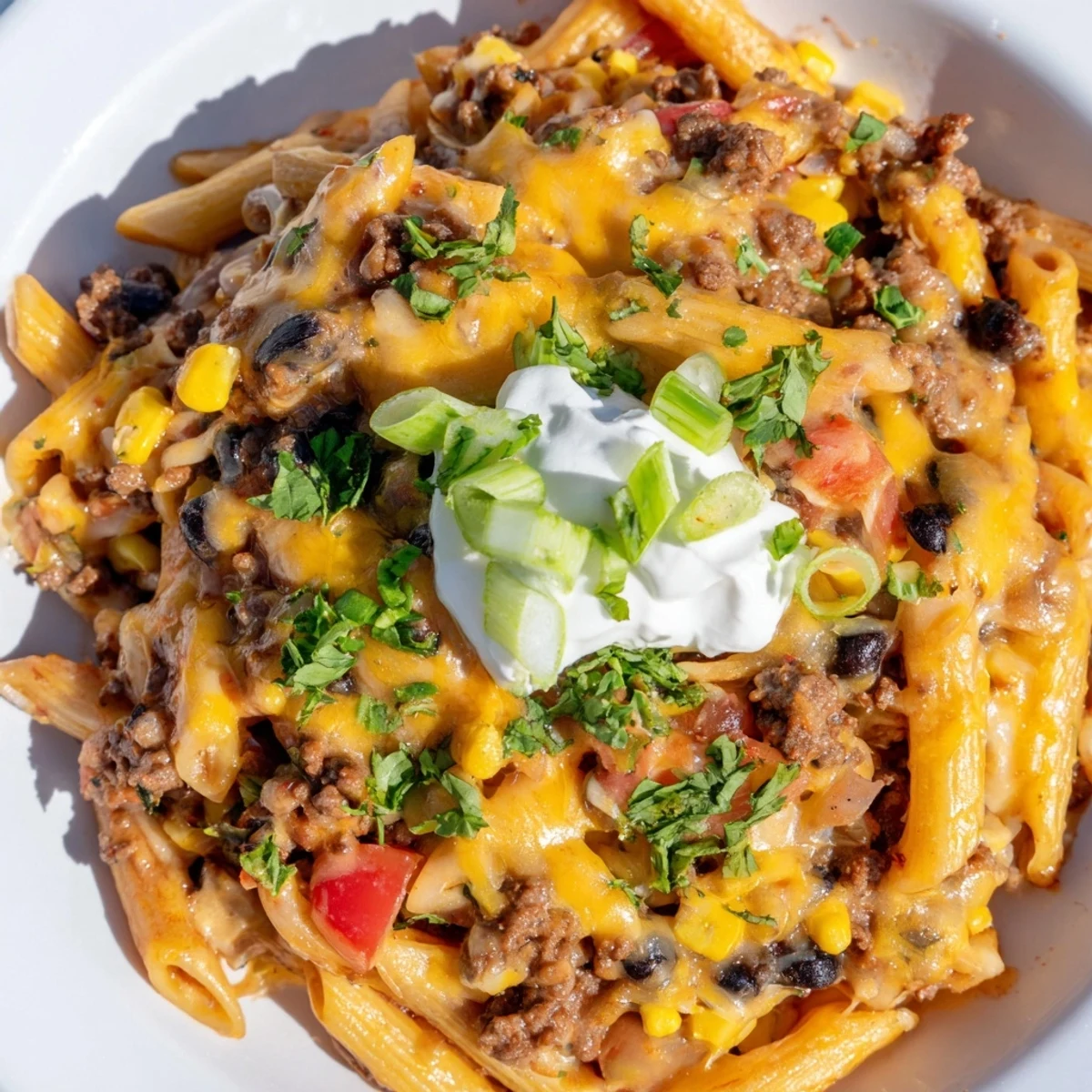 This comforting Cheesy Taco Pasta dish features tender pasta and flavorful seasoned ground beef in a creamy sauce.
