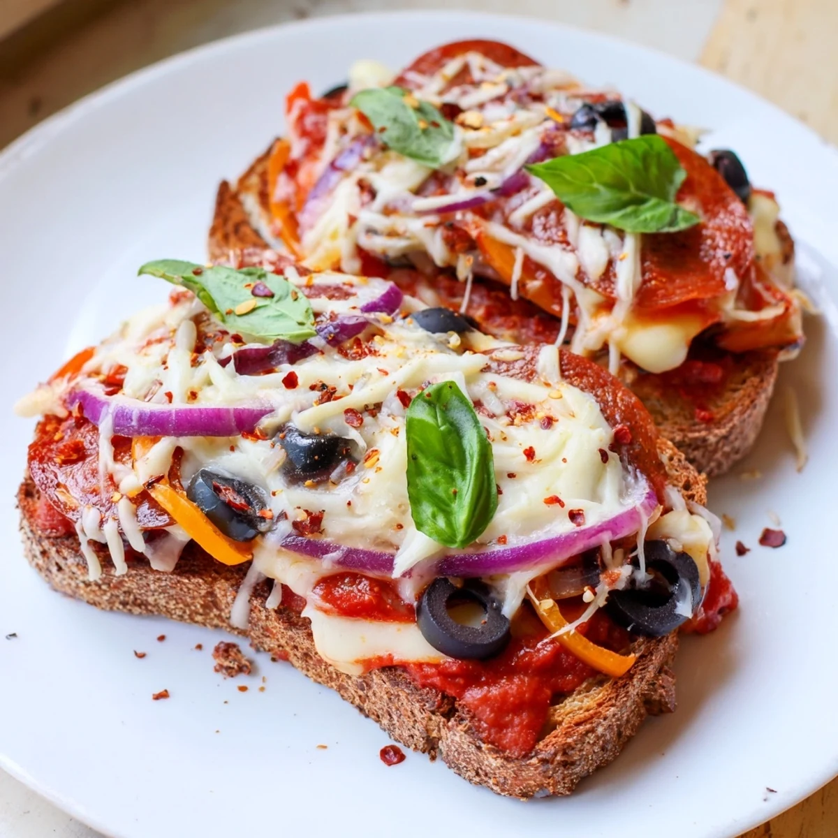Sizzling, golden-brown Pizza Toast 2.0 with bubbling cheese and savory pepperoni atop toasted sourdough.