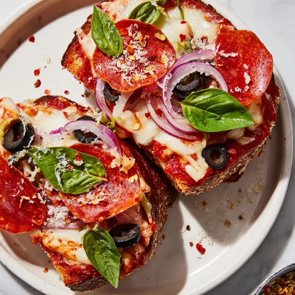 Perfectly broiled Pizza Toast 2.0 boasts melted mozzarella and provolone, ready for a comforting bite.