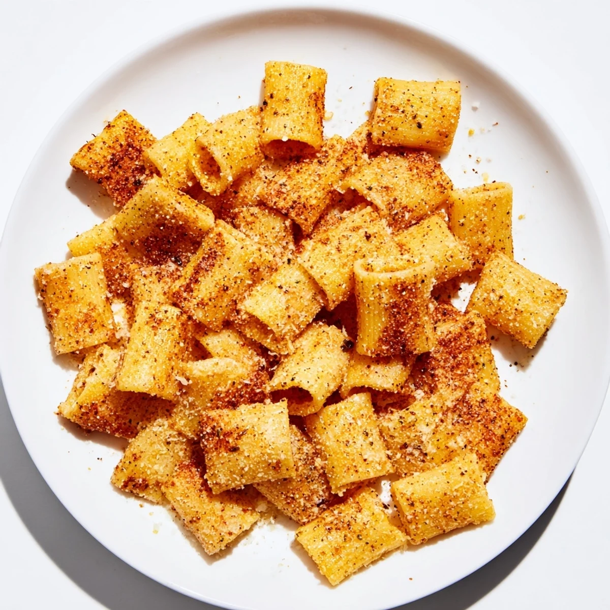 Close-up of golden brown pasta chips, perfectly crispy and ready to eat, a quick and easy recipe.