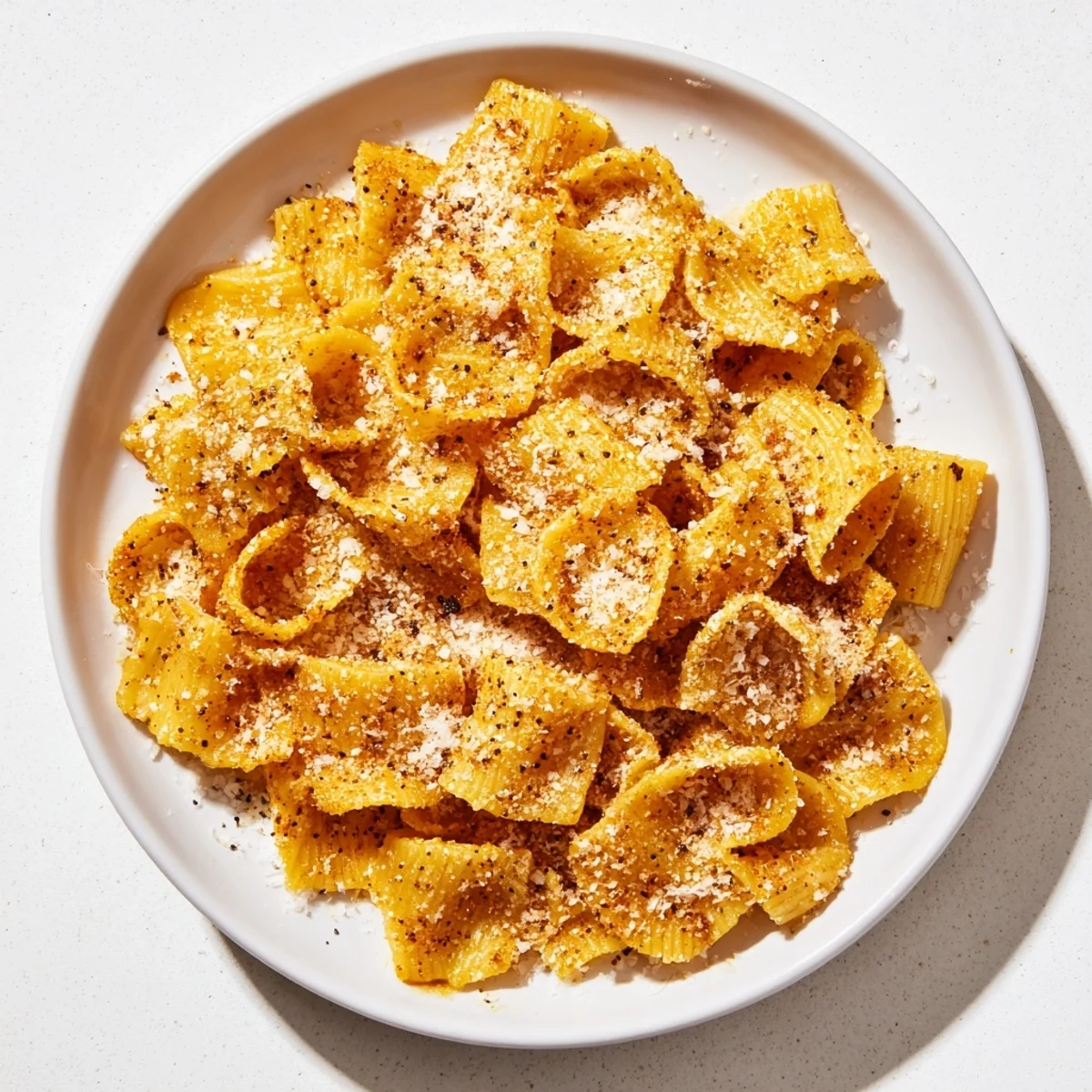 Air-fried pasta chips, a crunchy snack with Italian seasonings and a dusting of Parmesan cheese.