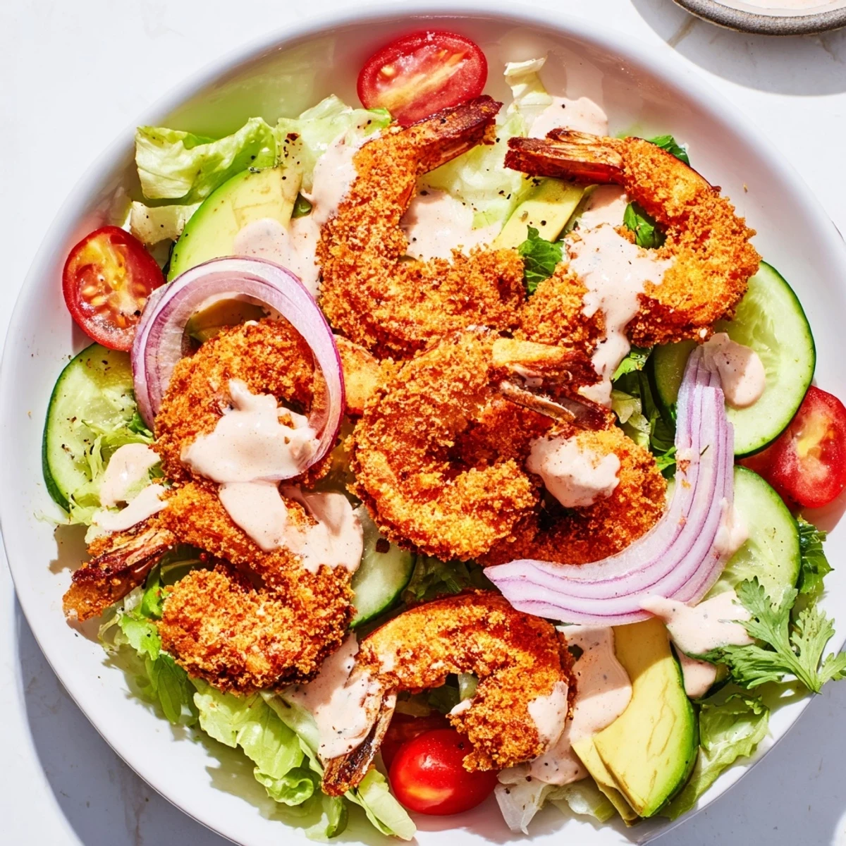 Golden, crispy shrimp grace a fresh salad with vibrant colors and creamy avocado, making this Spicy Crispy Shrimp Salad inviting.