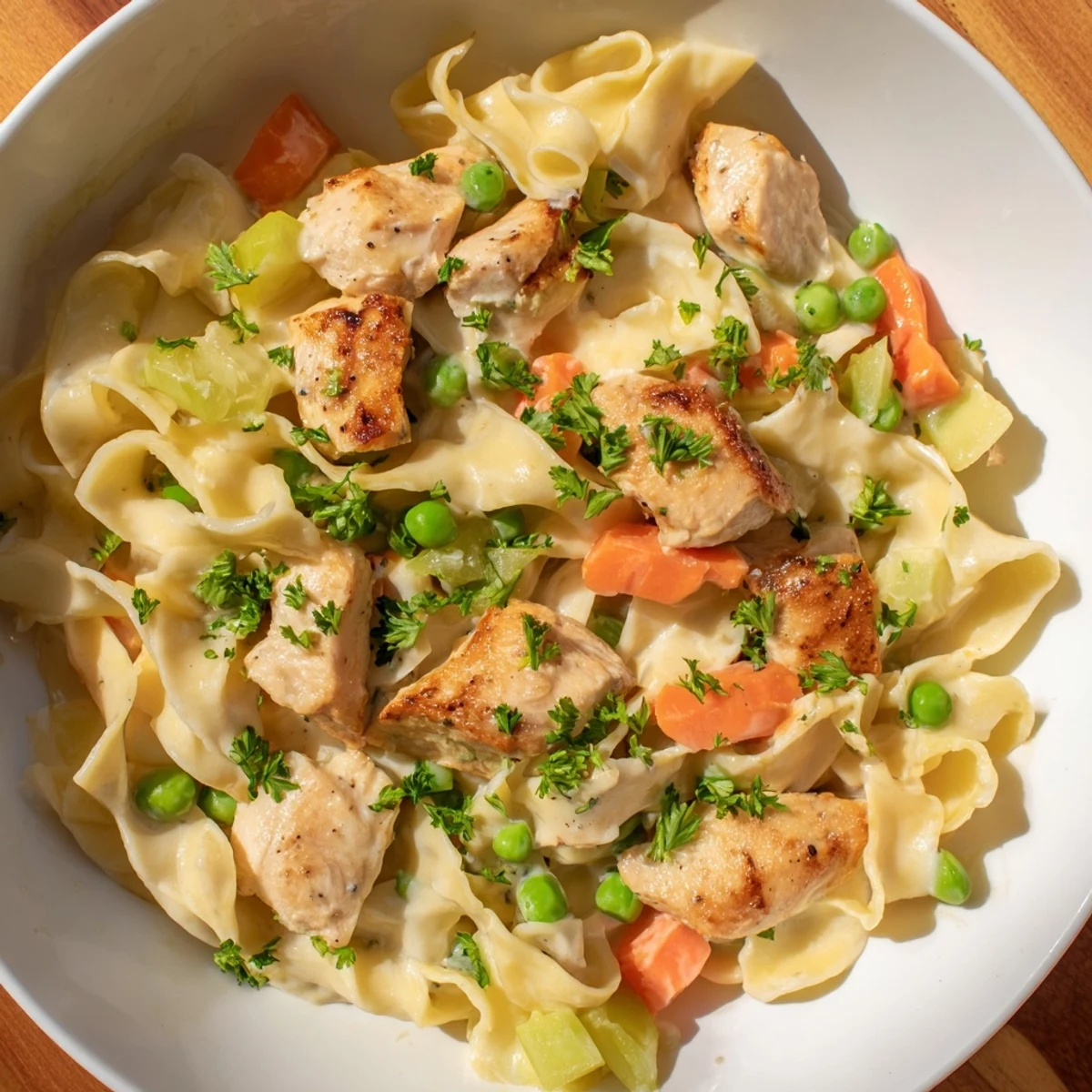 Creamy Chicken and Egg Noodles: A steaming bowl of comfort with herbs and tender chicken.