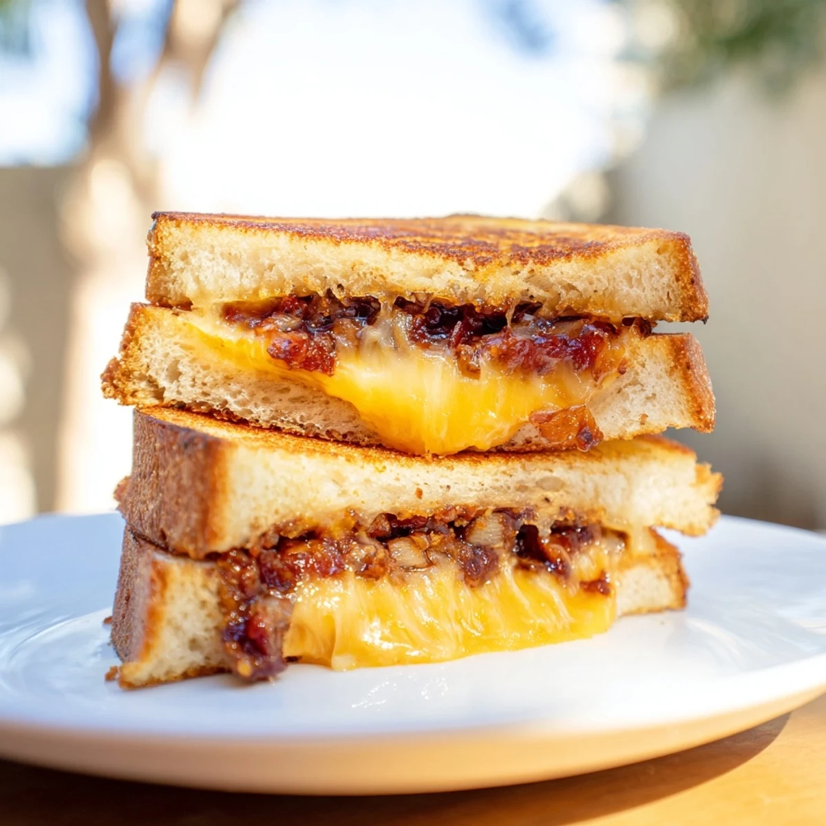 Golden, bubbly Bacon Jam Grilled Cheese melting with rich cheddar and Gruyère inside.
