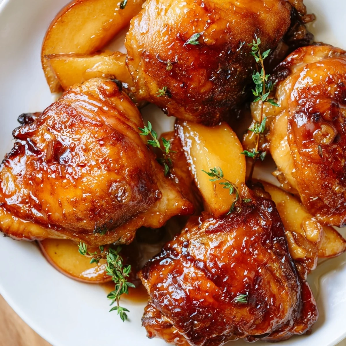 Golden Sticky Maple Apple Chicken, glistening with a sweet glaze, apples baked around the juicy chicken.