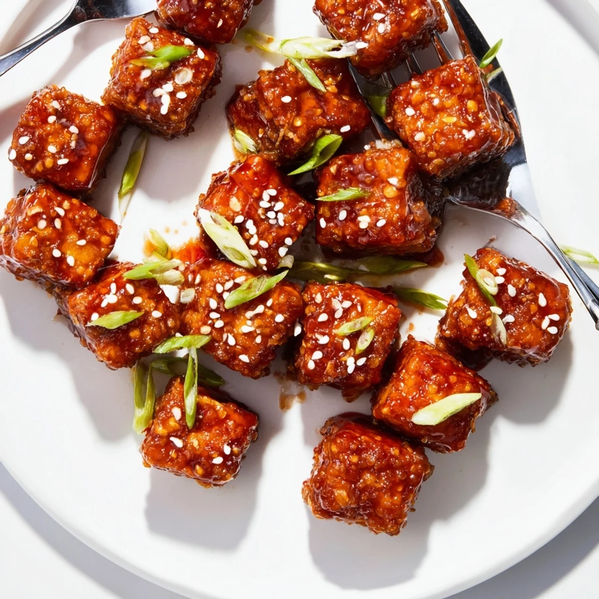 Golden, crispy Honey Sriracha Tofu Nuggets with a glistening glaze—a perfect spicy appetizer.
