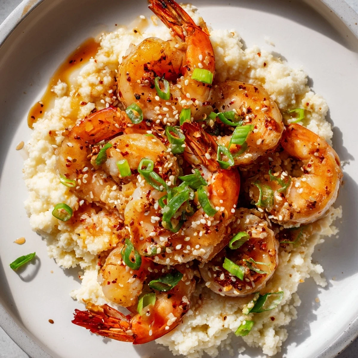 Ginger Garlic Shrimp Bowls, a colorful dish with sizzling shrimp over cauliflower rice, garnished with green onions.