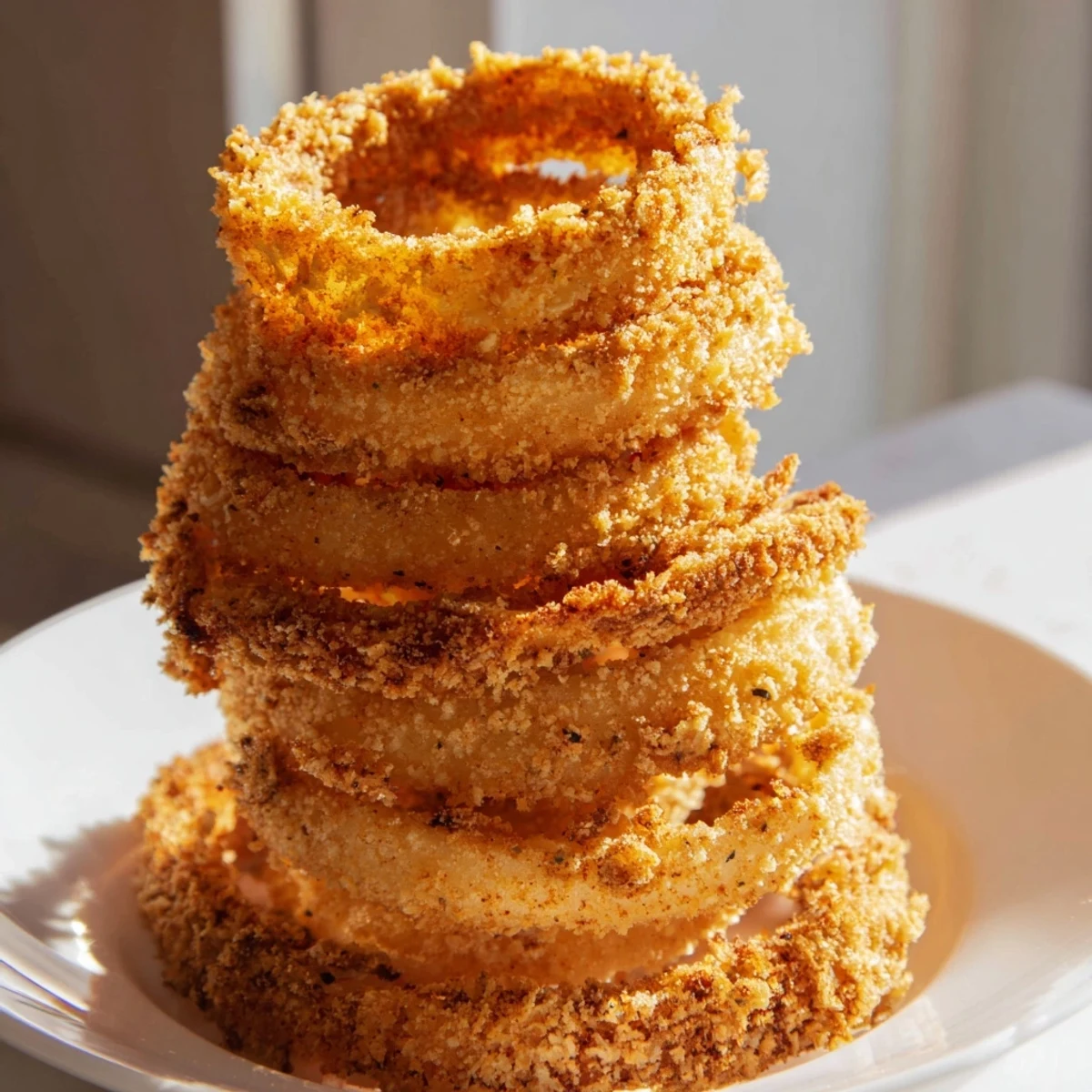 Golden-brown Crispy Onion Ring Tower, piled high, ready to be dipped and devoured.
