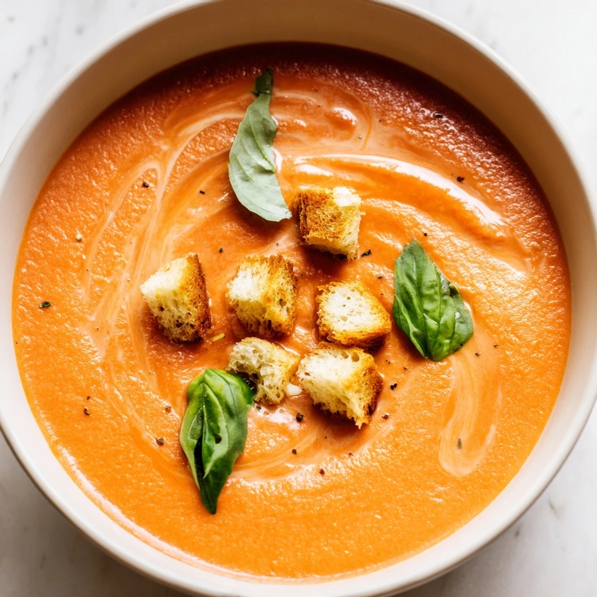 Thick and creamy roasted garlic tomato soup, ready to be devoured with fresh basil leaves.