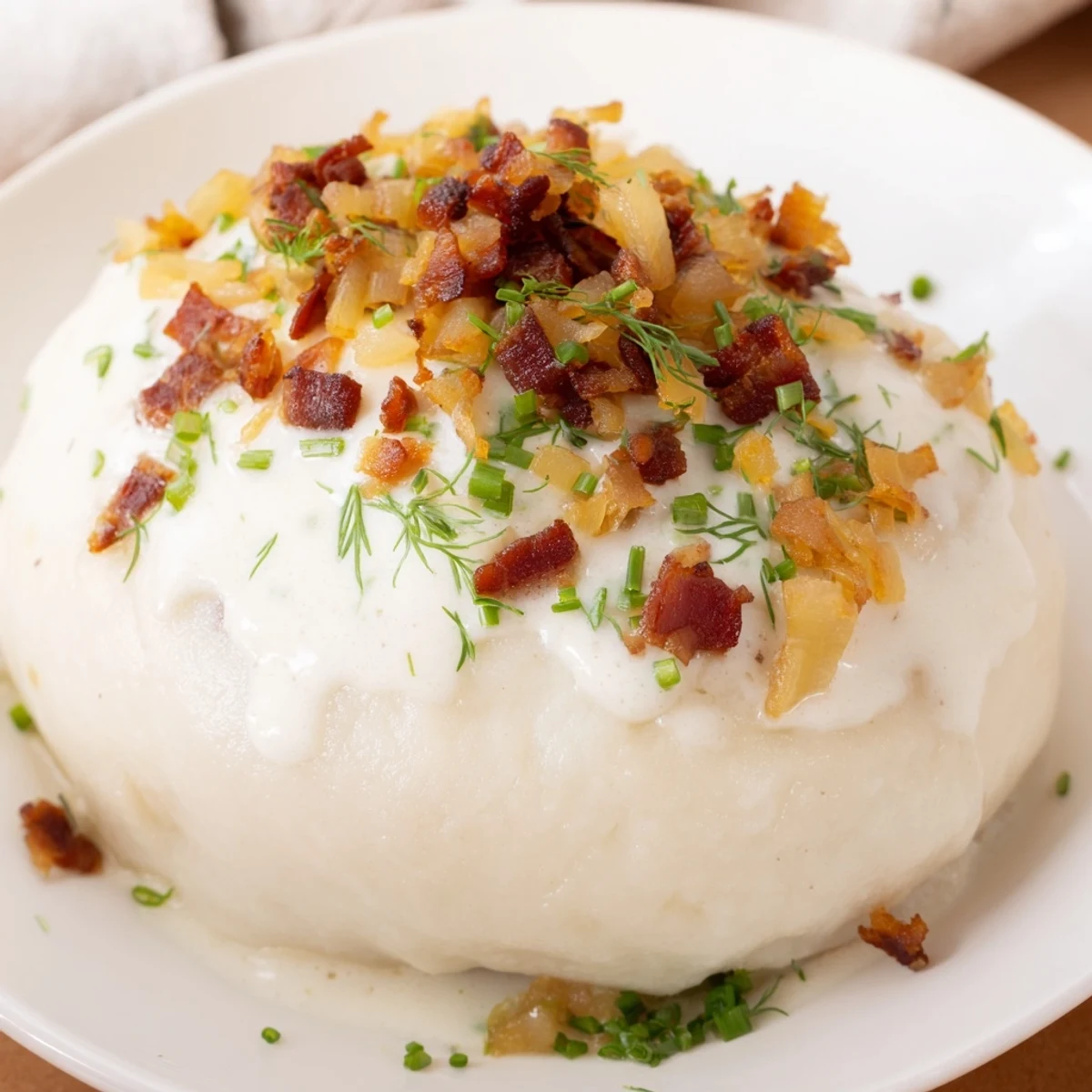 Golden-brown Cepelinai dumplings, filled with savory meat, are smothered in a creamy, bacon-rich sauce.