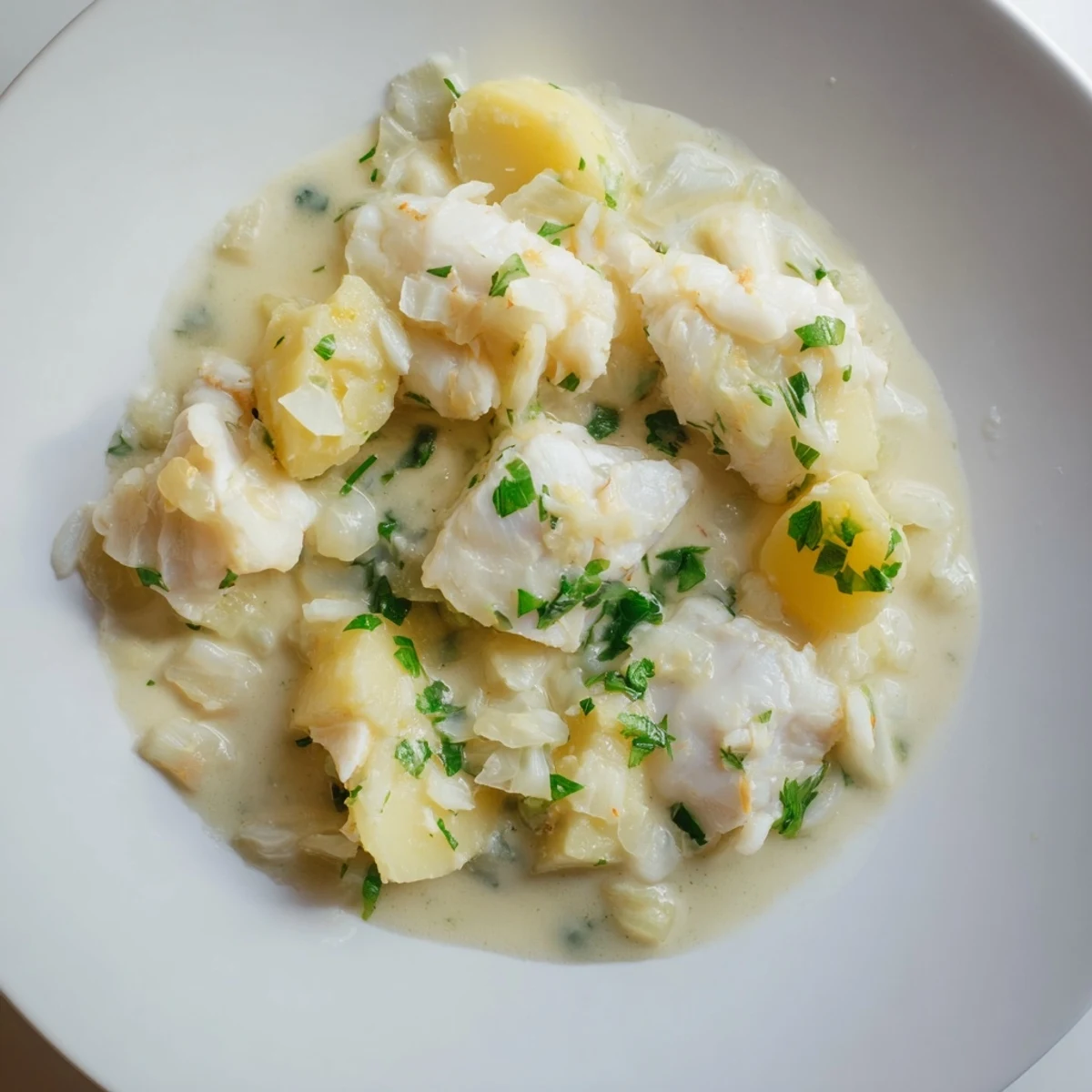 Steaming Icelandic Fish Stew simmering gently, loaded with flaked cod, creamy sauce, and fresh herbs.