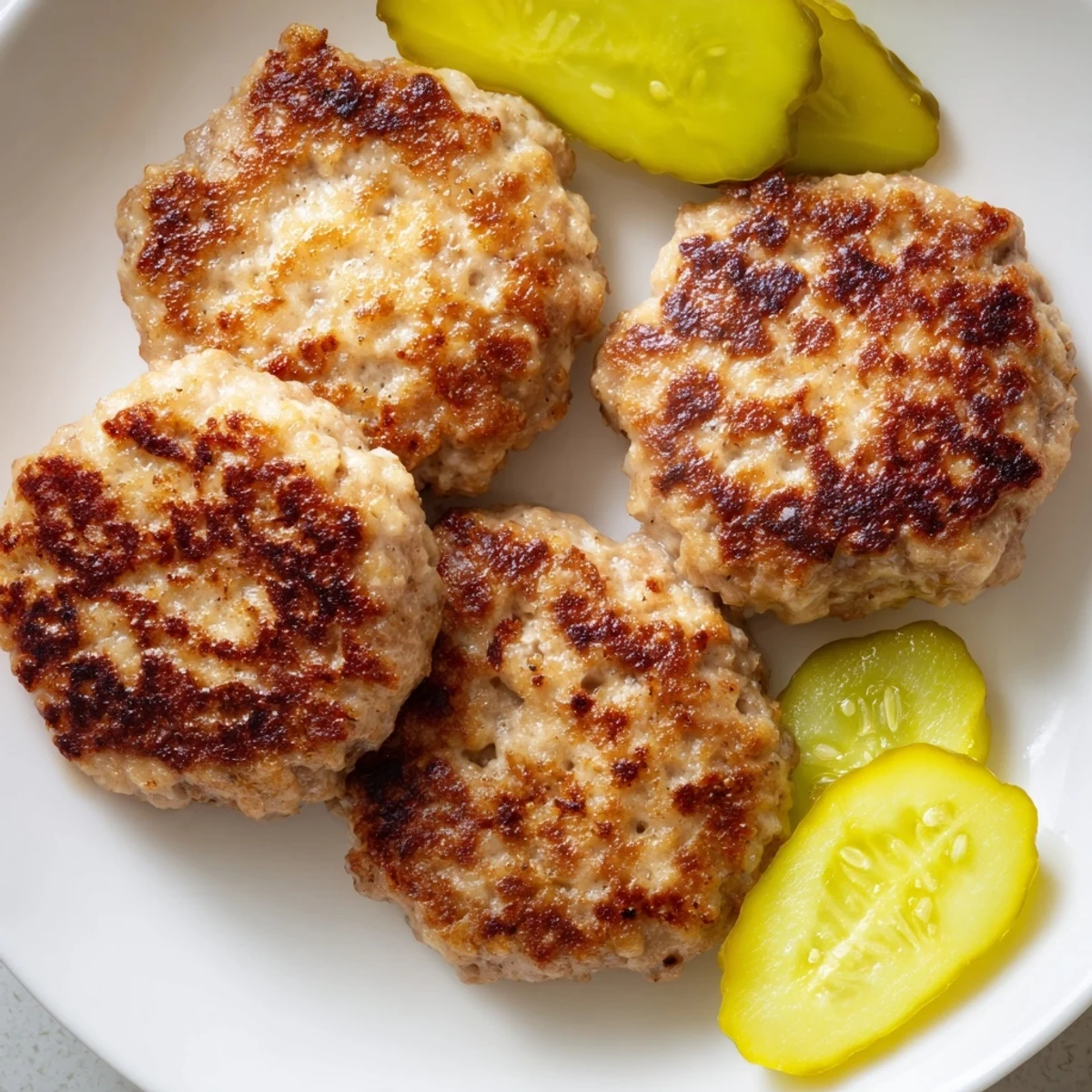 Golden-brown, pan-fried Danish Frikadeller meatballs, ready to serve with tangy pickles alongside.