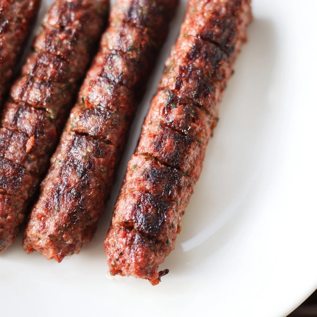 Grilled Romanian mici sausages, browned and sizzling, ready to be served with mustard.