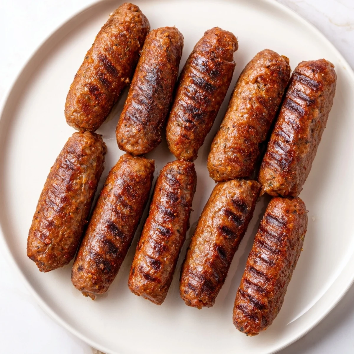 Close-up view of perfectly cooked Romanian mici, showing the crispy exterior and delicious seasonings.