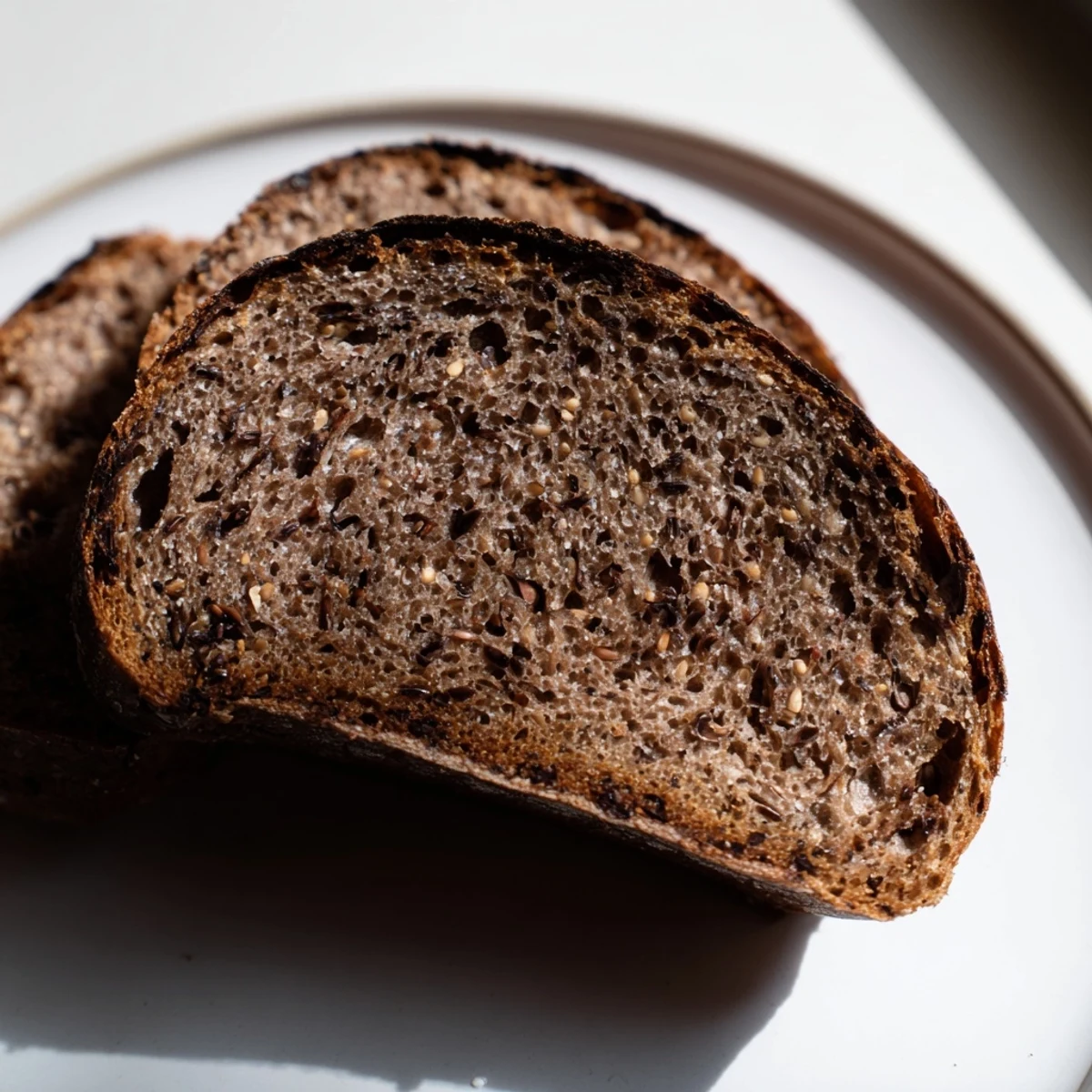 Warm, crusty Estonian Leib Sourdough loaf, dark rye color, ready to be sliced and enjoyed.