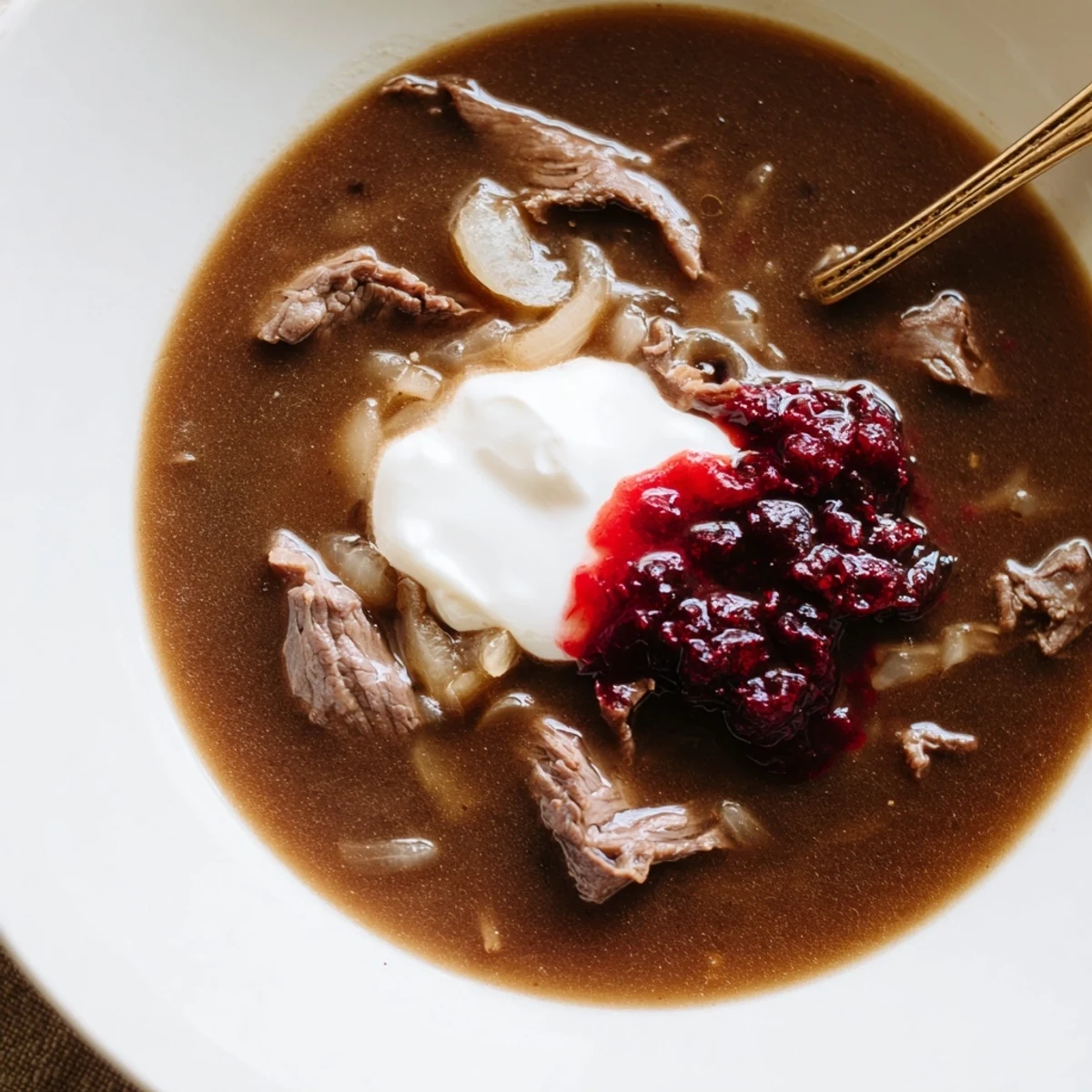 Tender Finnish Reindeer Stew, served steaming hot, with creamy mashed potatoes and vibrant lingonberries.
