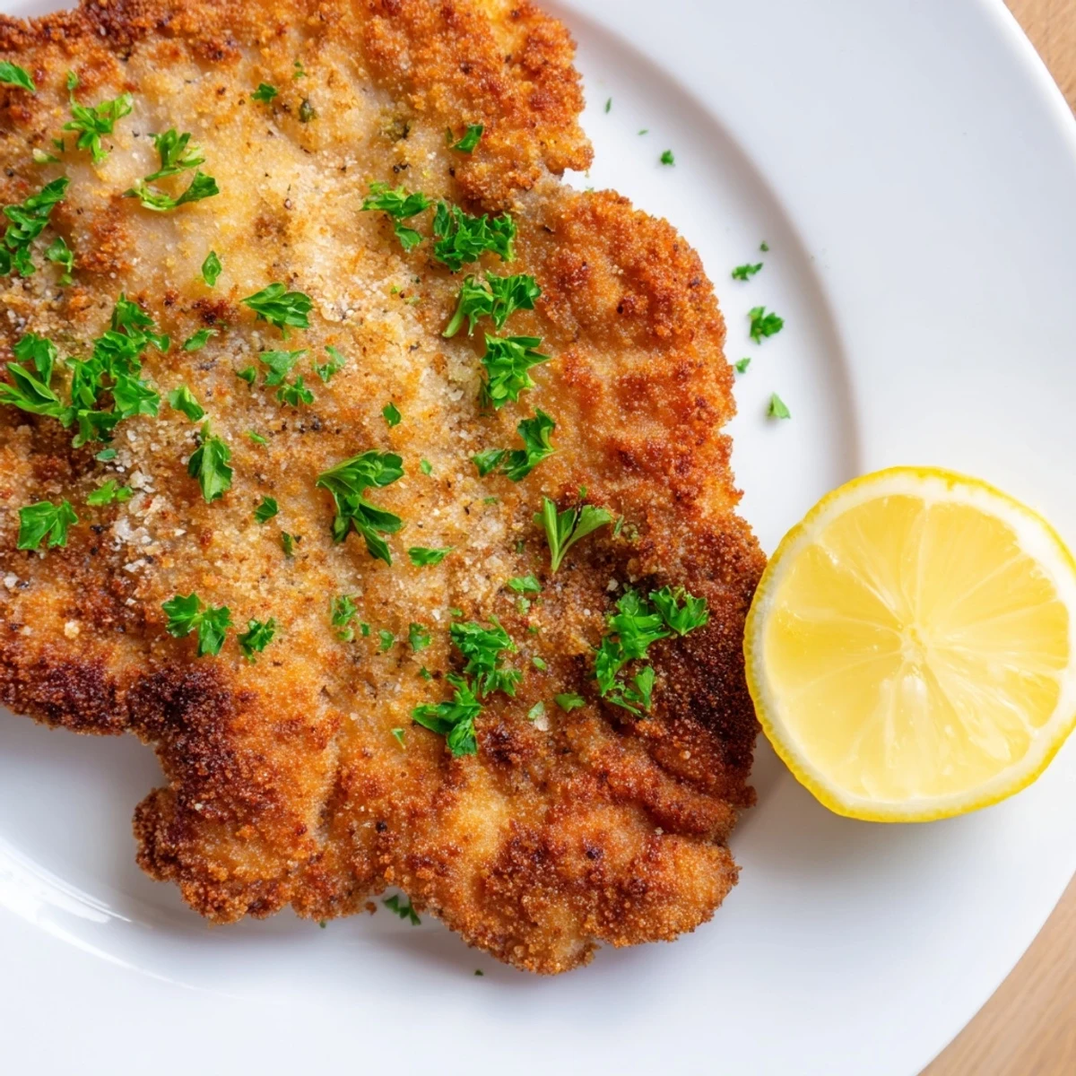 Golden-brown German schnitzel cutlets, crispy from the pan, ready to serve with fresh lemon.