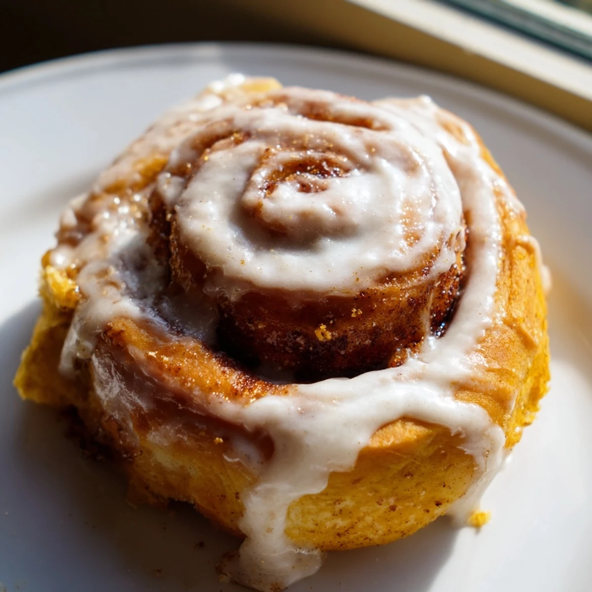 A close-up of a warm Pumpkin Cinnamon Roll shows the luscious cream cheese frosting melting into the pumpkin-infused dough and cinnamon sugar filling.