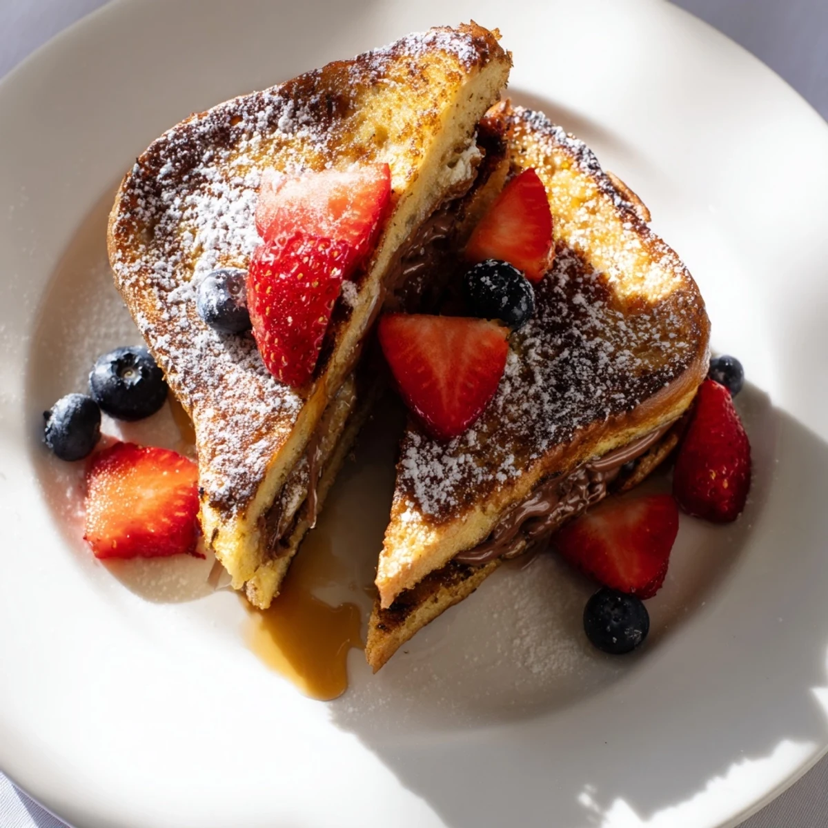 Warm golden Nutella brioche French toast slices, dusted with powdered sugar and topped with fresh raspberries on a white plate.