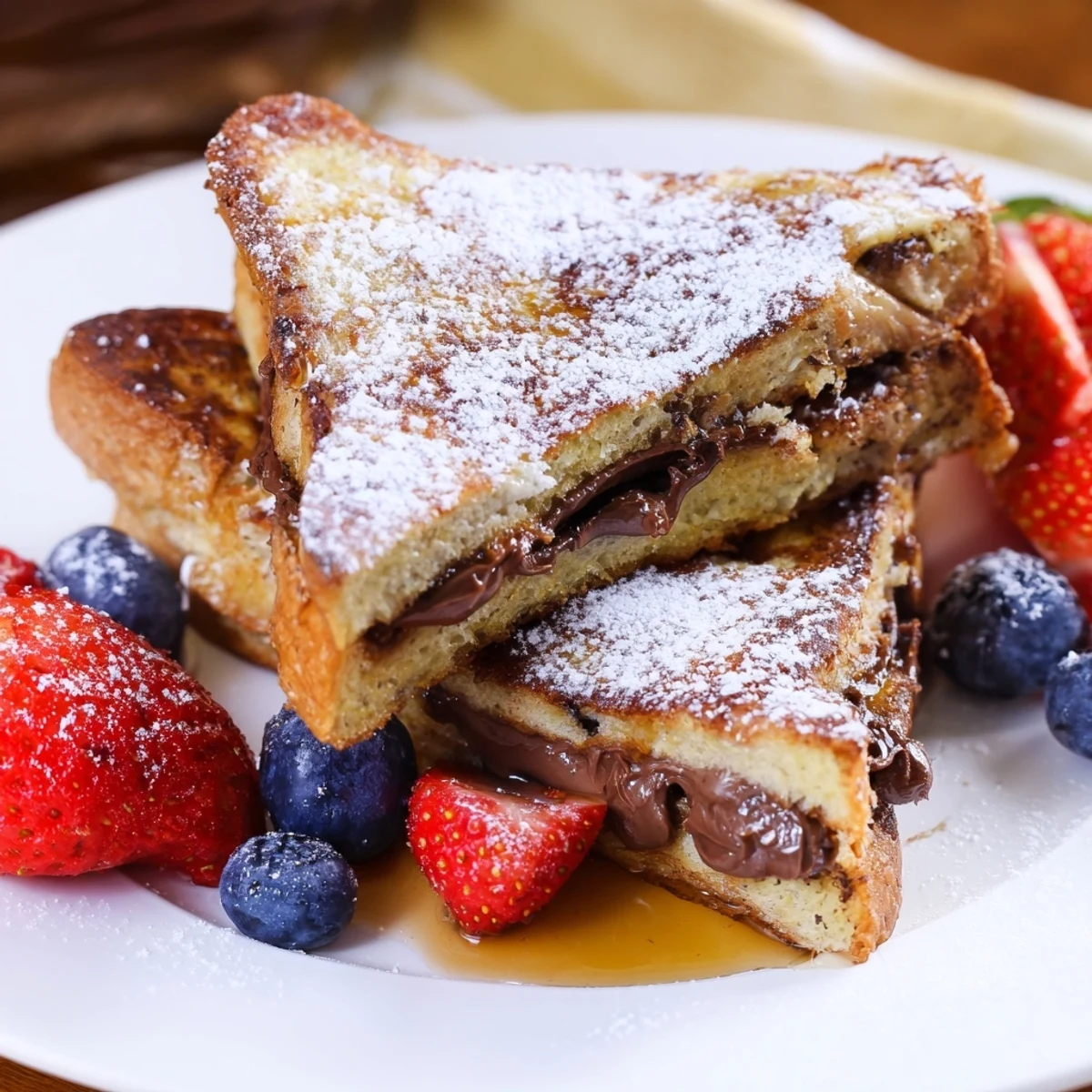 Gooey melted Nutella spills from a toasted brioche French toast sandwich, paired with a maple syrup drizzle for brunch.