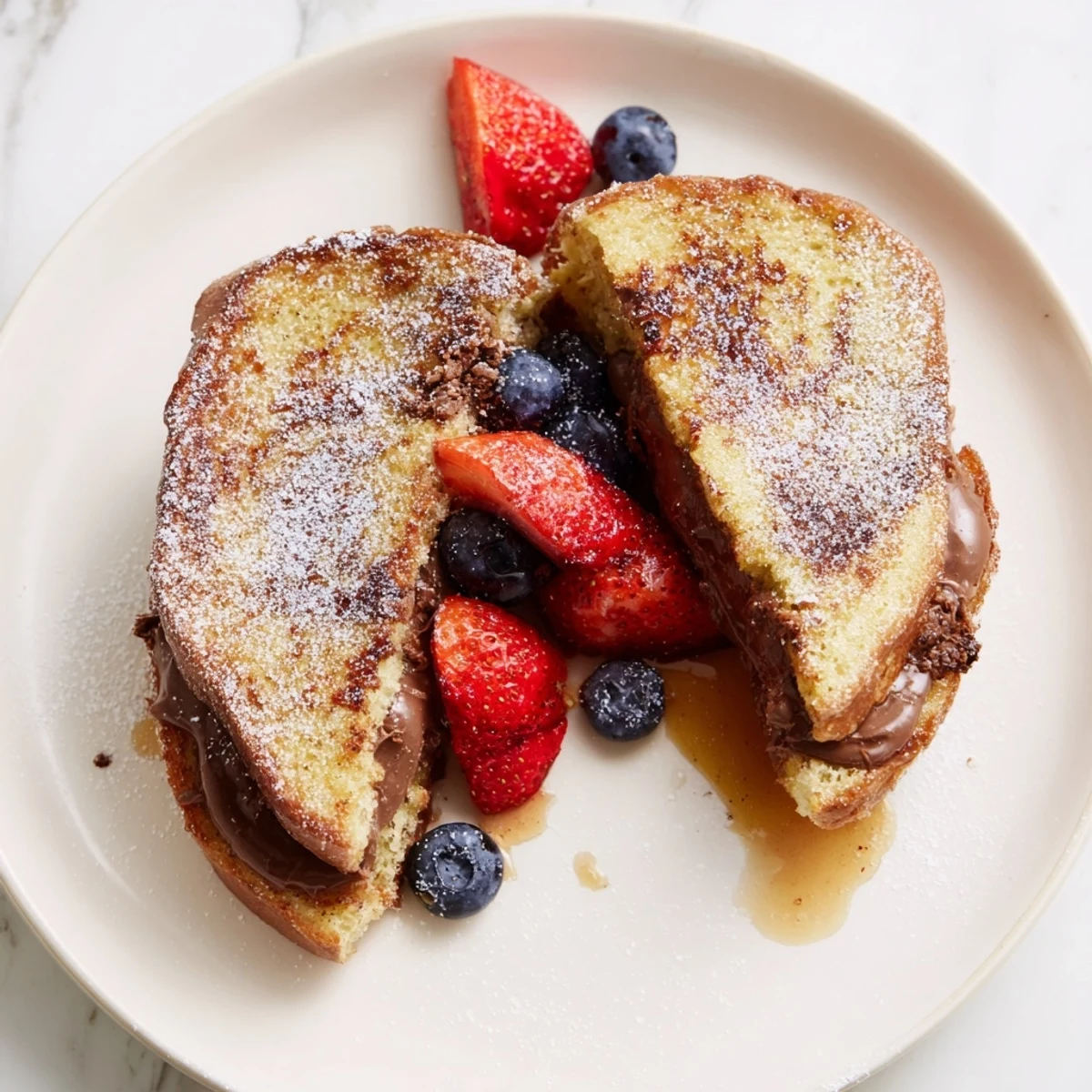 Golden-brown brioche French toast with Nutella filling, garnished with berries and powdered sugar on a rustic wooden table.