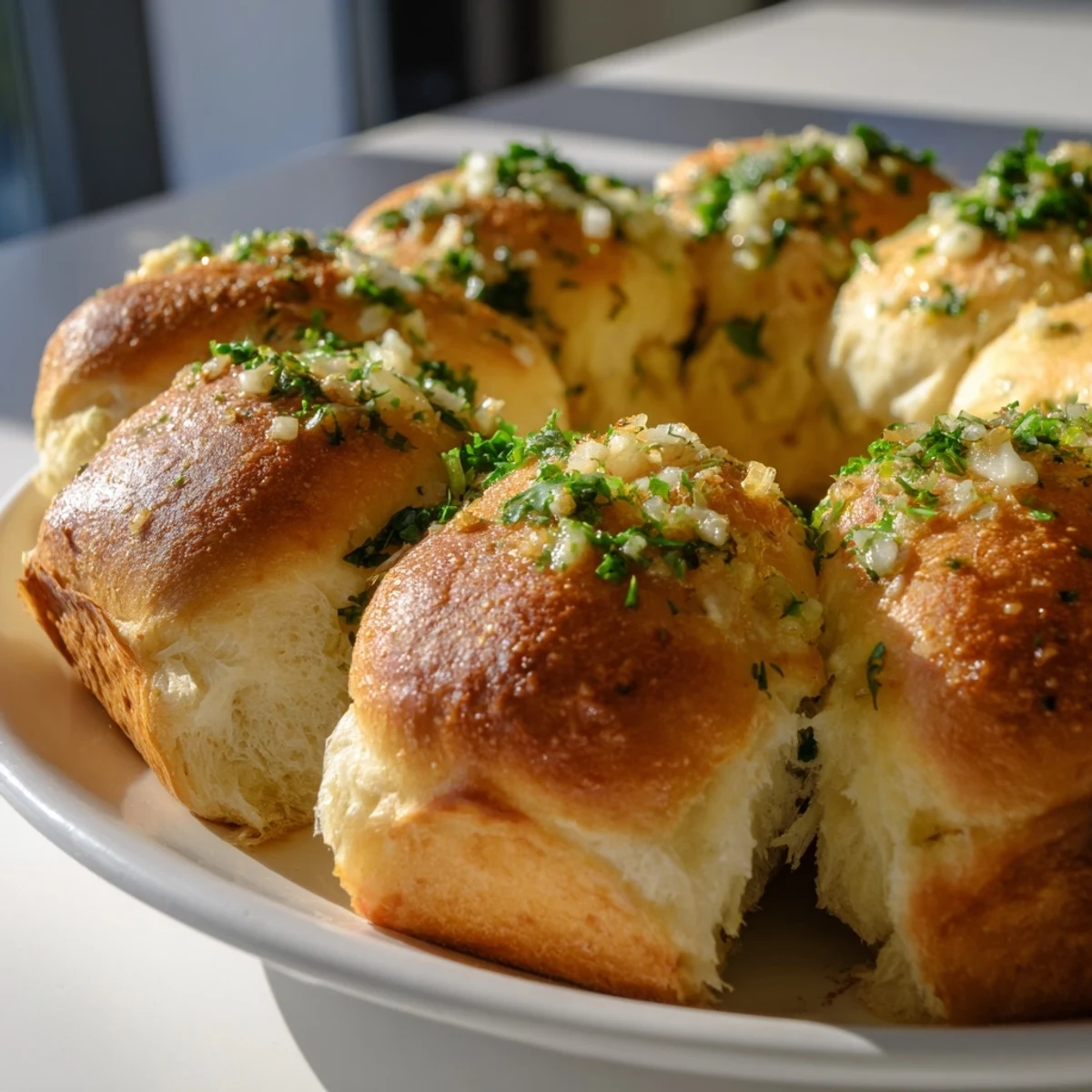 Golden-brown Garlic Butter Bread Pull-Apart rolls glistening with melted butter and herbs in a baking pan.  