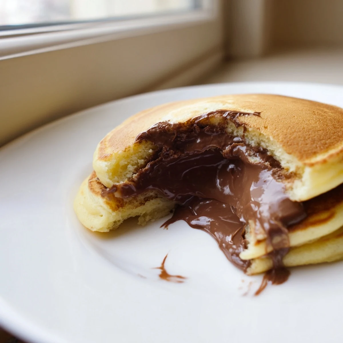 Fluffy Nutella Stuffed Pancakes stacked high, dusted with powdered sugar and drizzled with chocolate sauce on a plate.