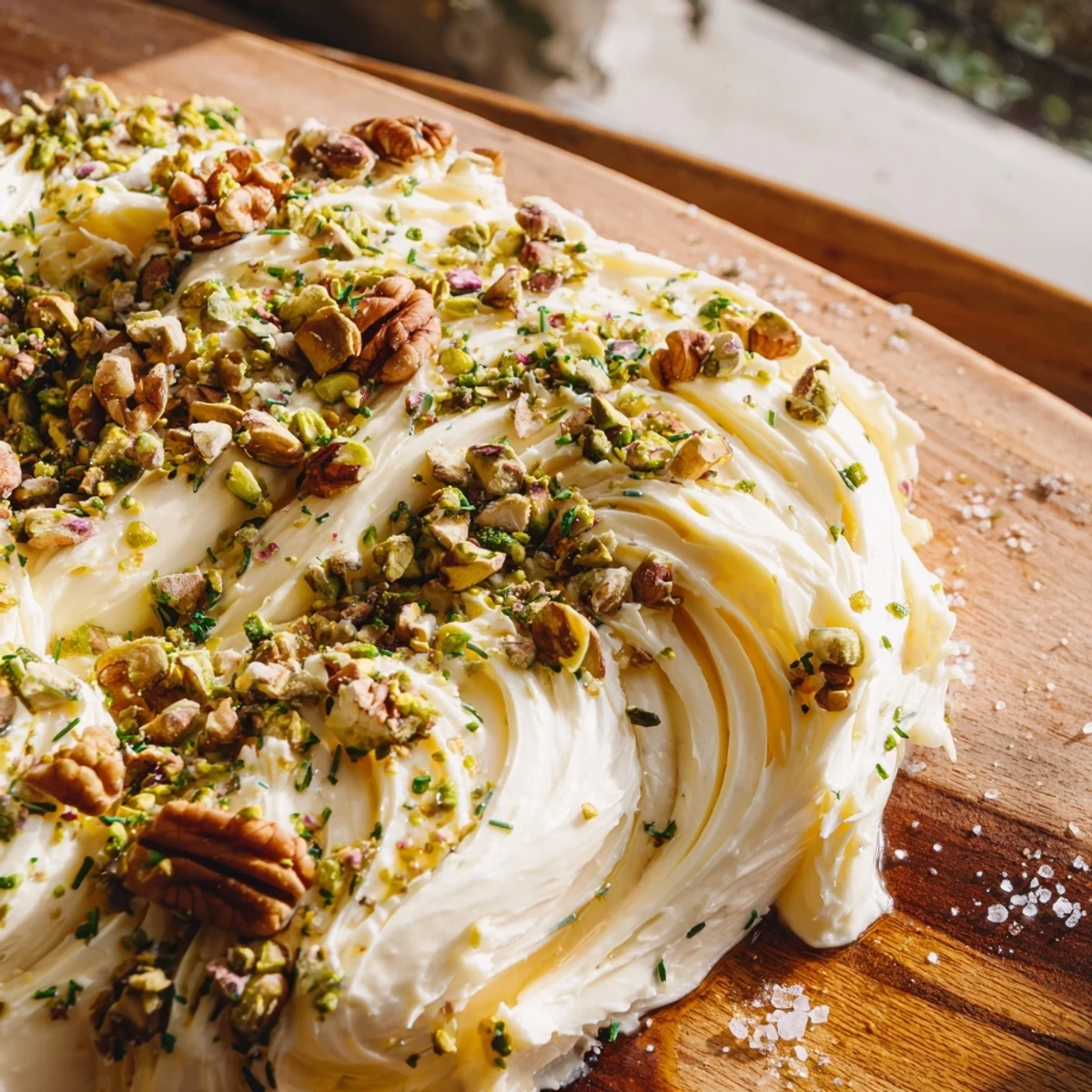 A close-up of a Flavored Butter Board Charcuterie spread on a rustic board, topped with chopped nuts, fresh herbs, and honey drizzle.