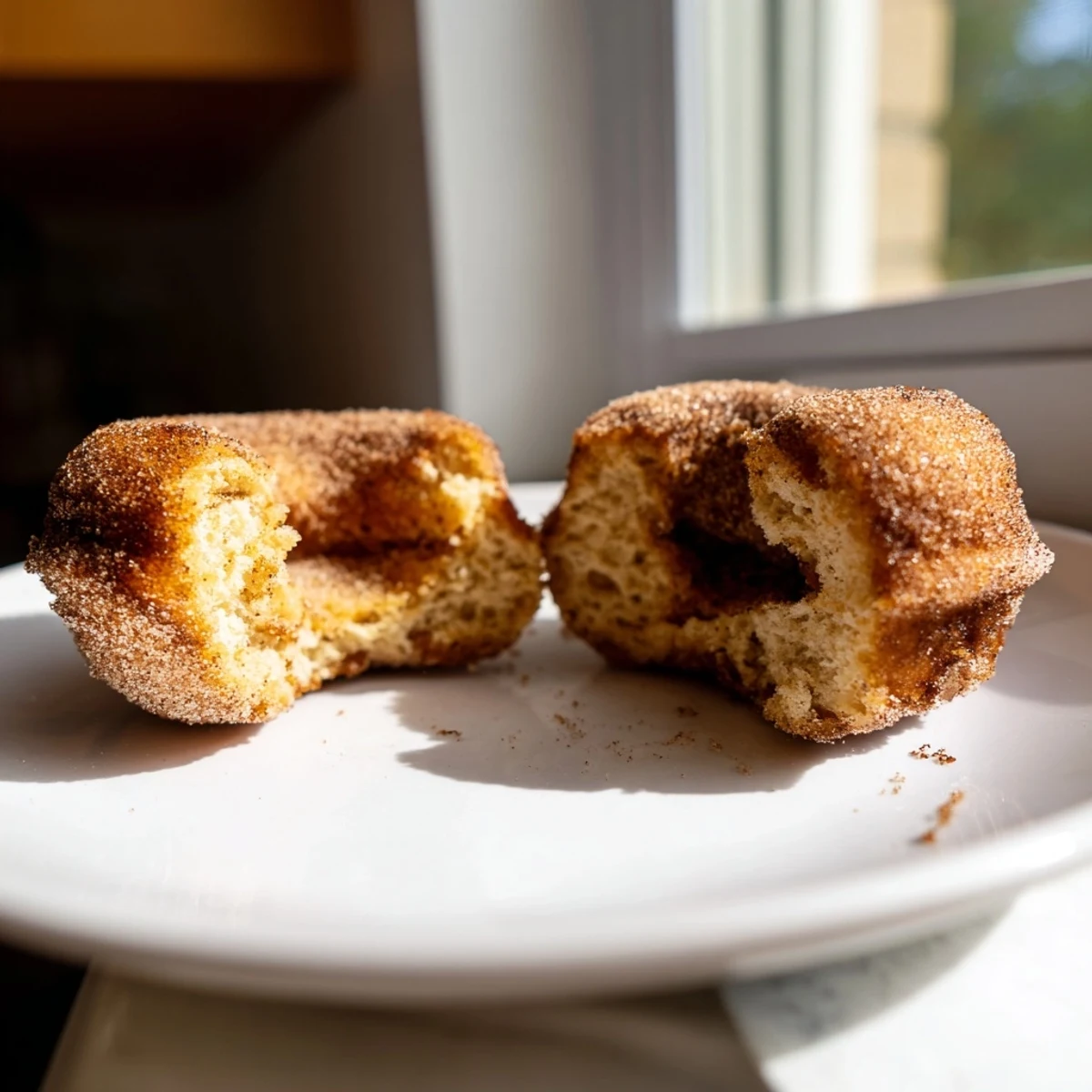 Freshly air-fried Air Fryer Cinnamon Sugar Donuts, golden brown and generously coated in sparkling cinnamon sugar, are ready to serve warm.  