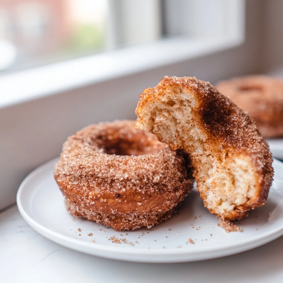 These fluffy Air Fryer Cinnamon Sugar Donuts, made from biscuit dough, pair perfectly with a hot cup of morning coffee.  