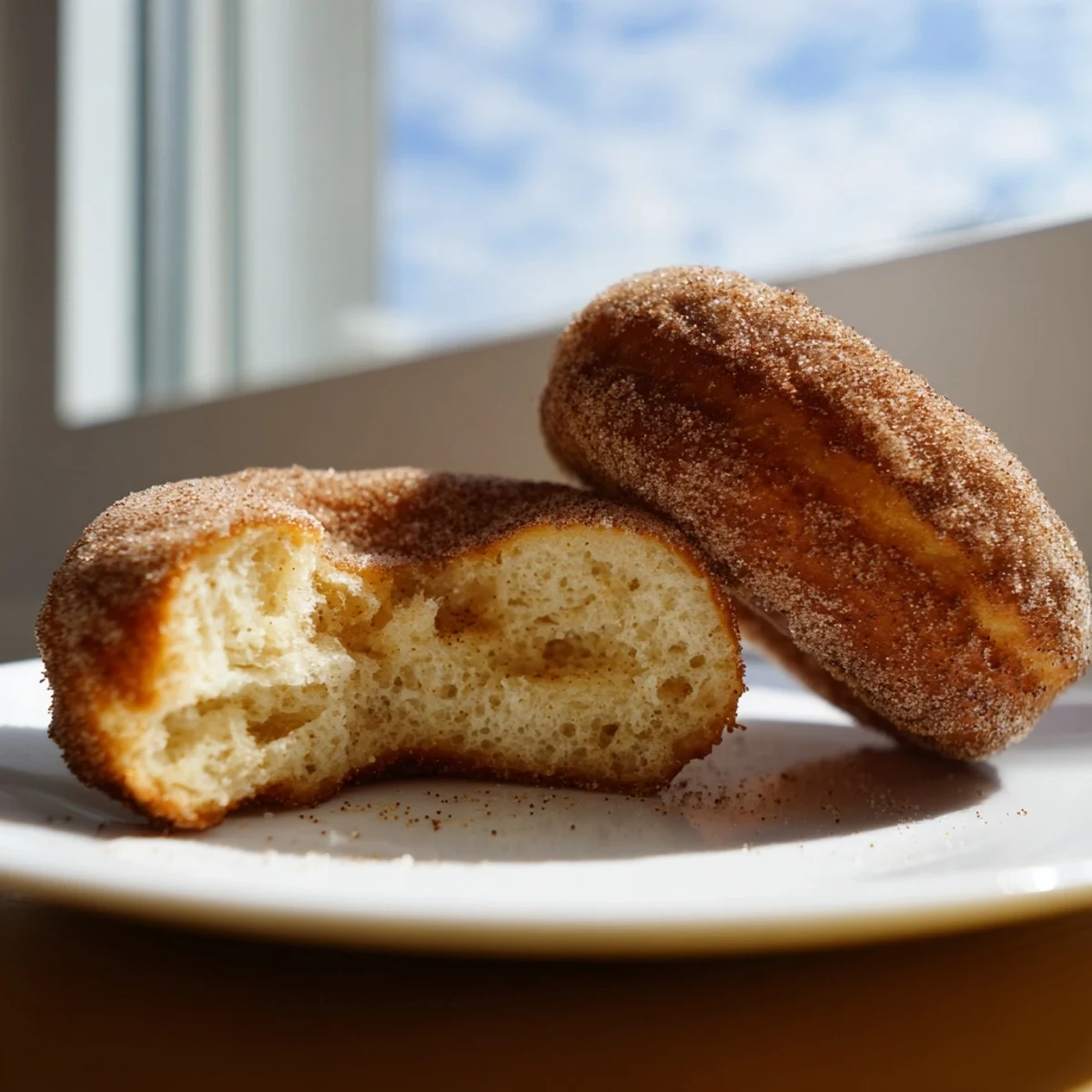 Golden, puffy Air Fryer Cinnamon Sugar Donuts glisten with melted butter and sweet cinnamon sugar for an easy homemade dessert.