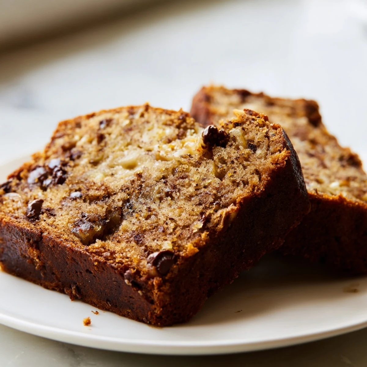 A tender slice of banana bread studded with chopped walnuts, enjoyed alongside a steaming mug of coffee for a cozy breakfast.