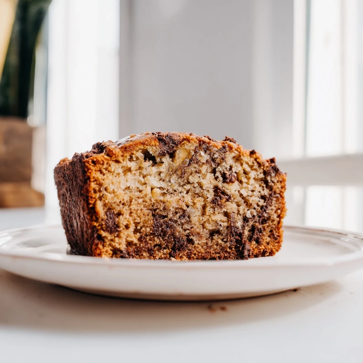 Golden loaf of homemade banana bread topped with a few walnut pieces, cut to reveal its moist, soft interior.