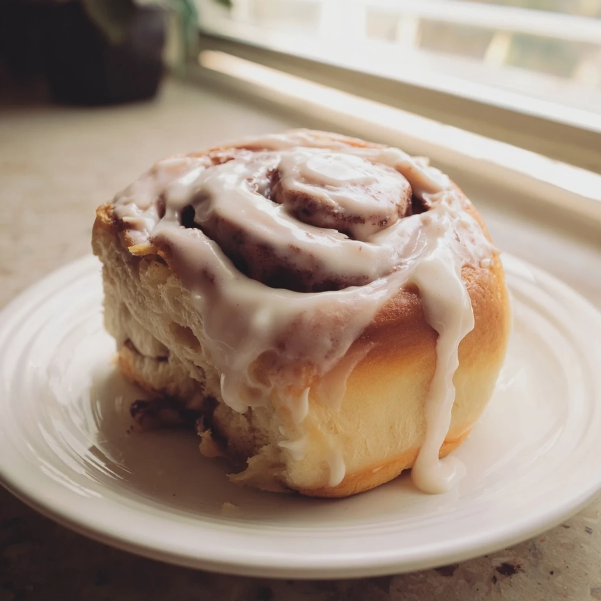 Warm Pillow Soft Cinnamon Rolls fresh from the oven, glistening with cream cheese glaze and a buttery cinnamon swirl.