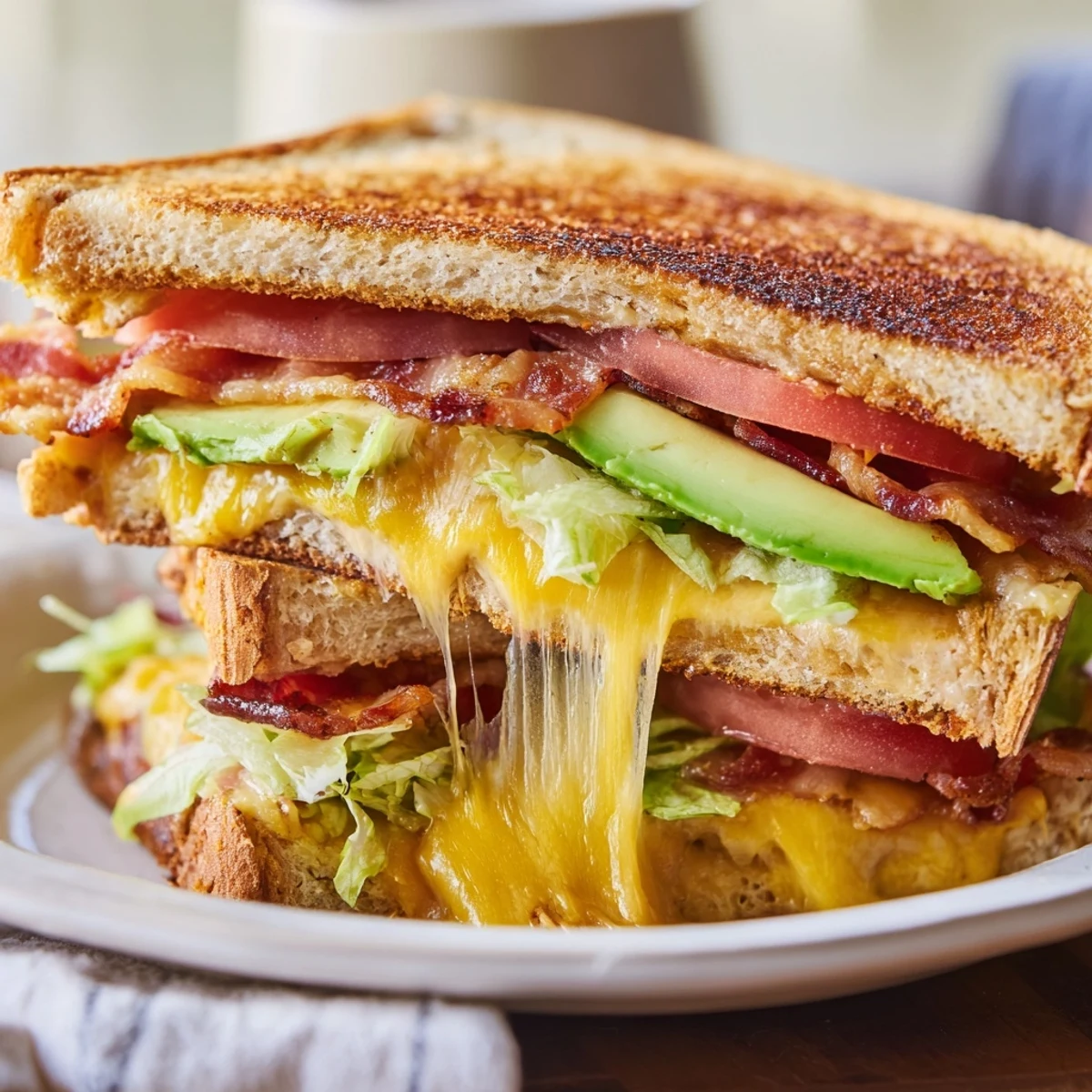 Avocado BLT Grilled Cheese sizzling in a skillet with buttery bread, gooey cheese, and fresh layered fillings.  