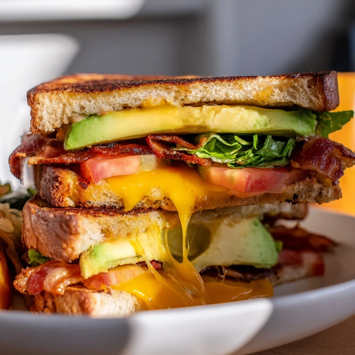 Sliced Avocado BLT Grilled Cheese revealing creamy avocado and juicy tomato beside crispy bacon between toasted bread.