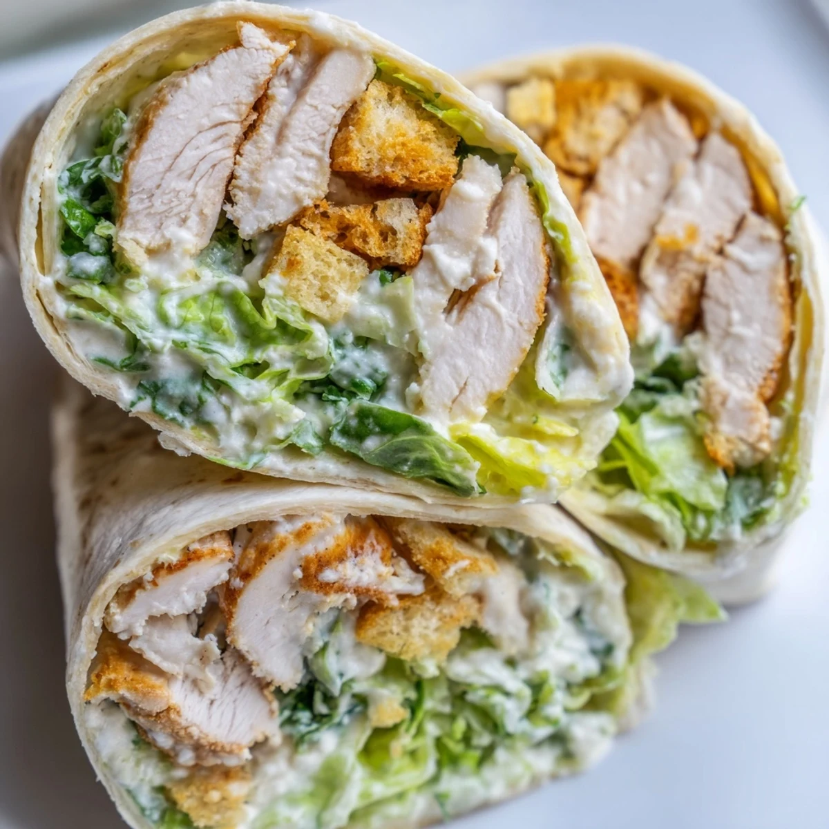 Grilled Caesar Chicken Salad Wrap halved to show layers of crisp romaine, juicy chicken, parmesan, and creamy dressing in a soft tortilla.  