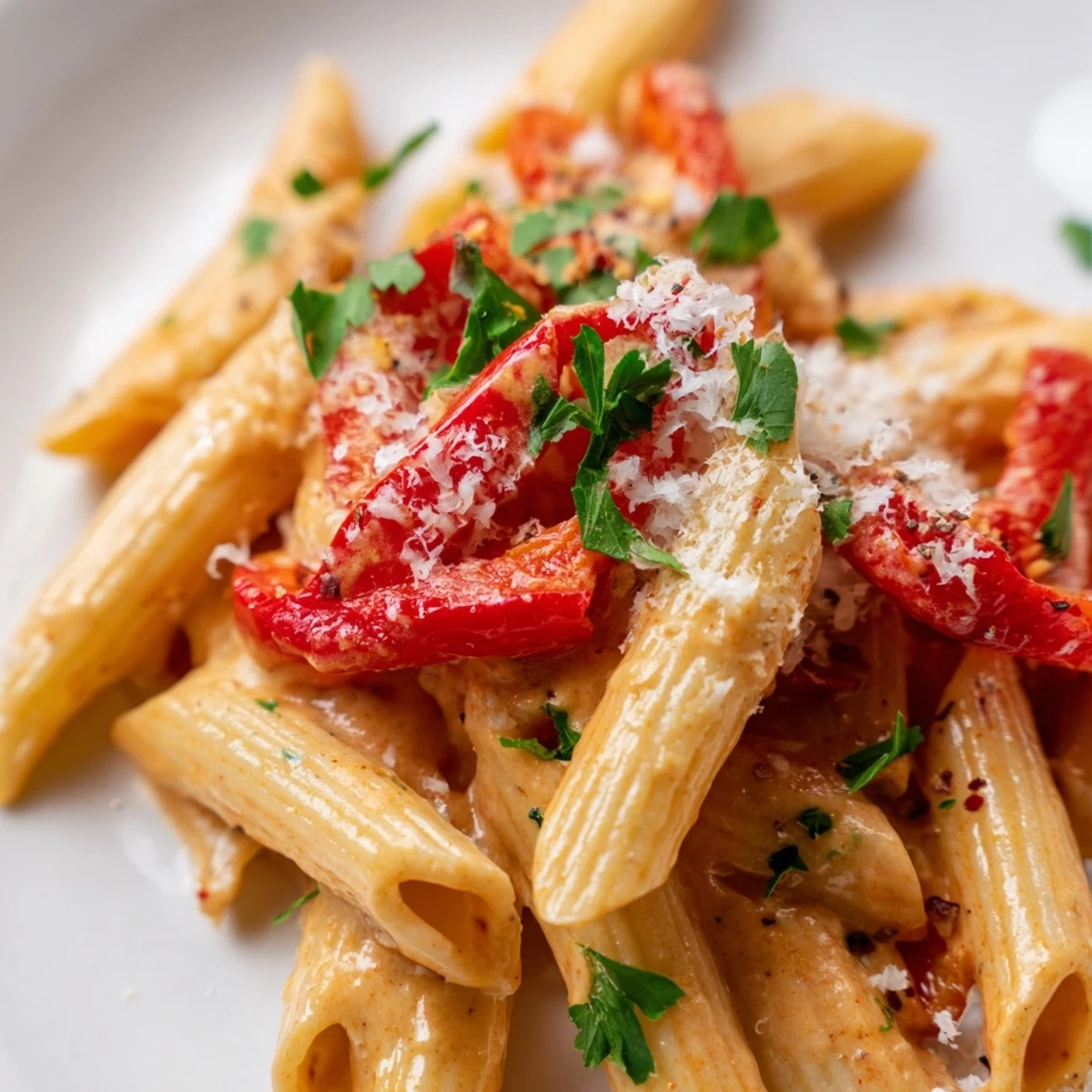 A creamy bowl of Creamy Cajun Pasta with roasted red peppers and fresh parsley garnish.