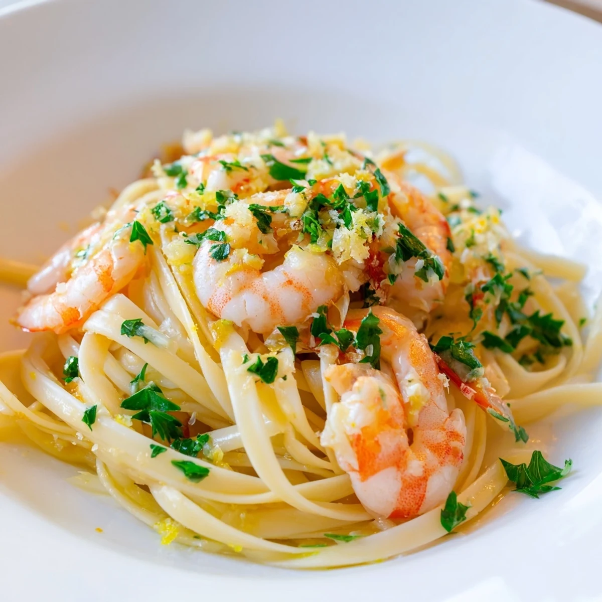 Close-up of al dente linguine coated in garlicky butter sauce, topped with plump shrimp and a sprinkle of Parmesan.