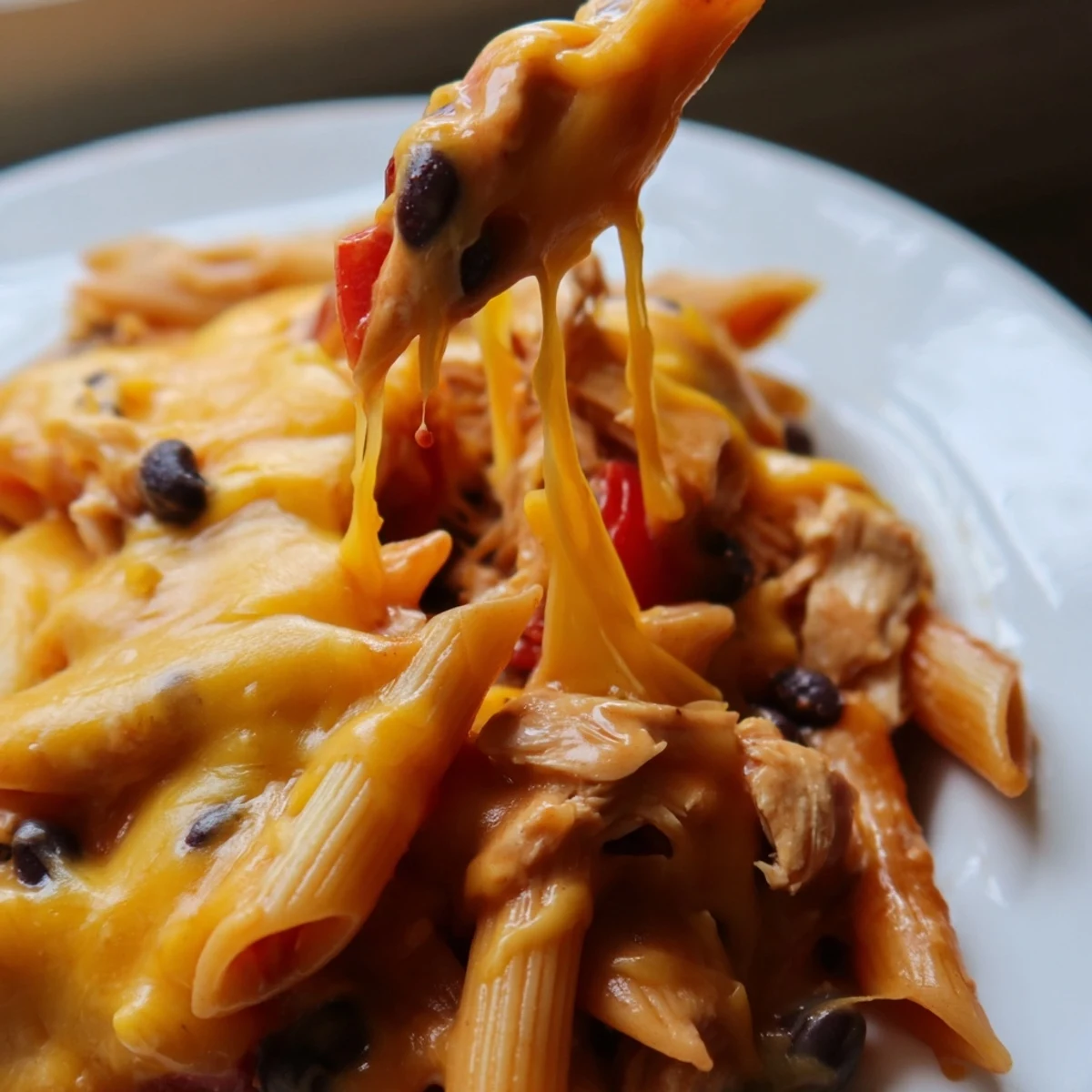 Golden, melted cheese topping a skillet of Chicken Enchilada Pasta, featuring penne, black beans, and bell peppers in a rich red sauce.