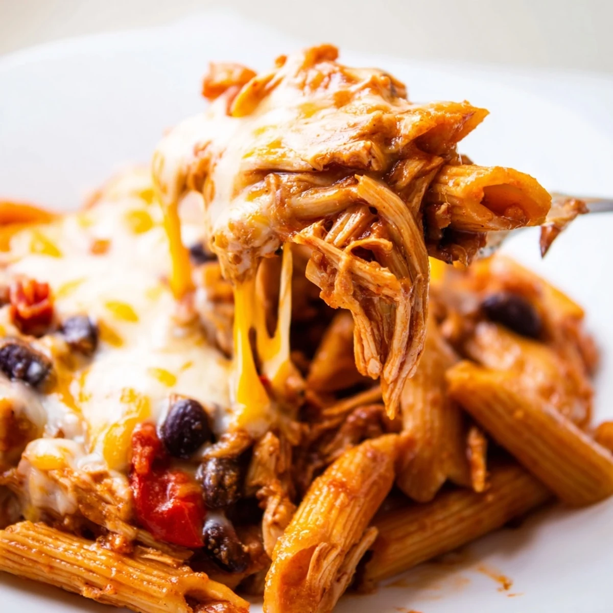 A fork lifting a bite of Chicken Enchilada Pasta, showing tender chicken, al dente pasta, and gooey Monterey Jack cheese.