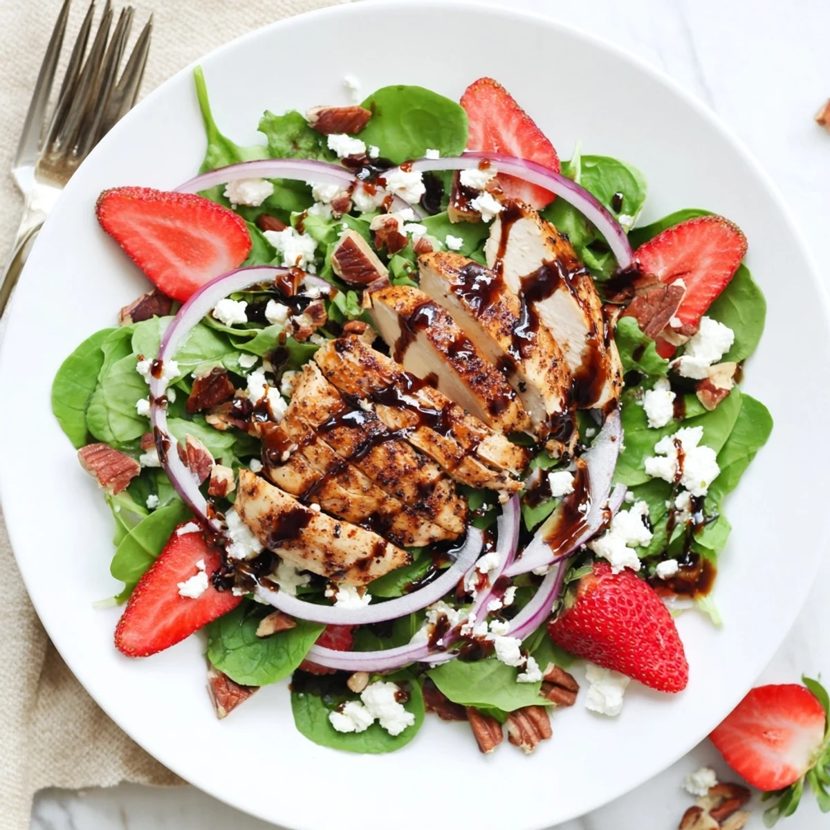 Grilled slices of Honey Balsamic Chicken Salad with fresh strawberries, crumbled goat cheese, and mixed greens on a white plate.