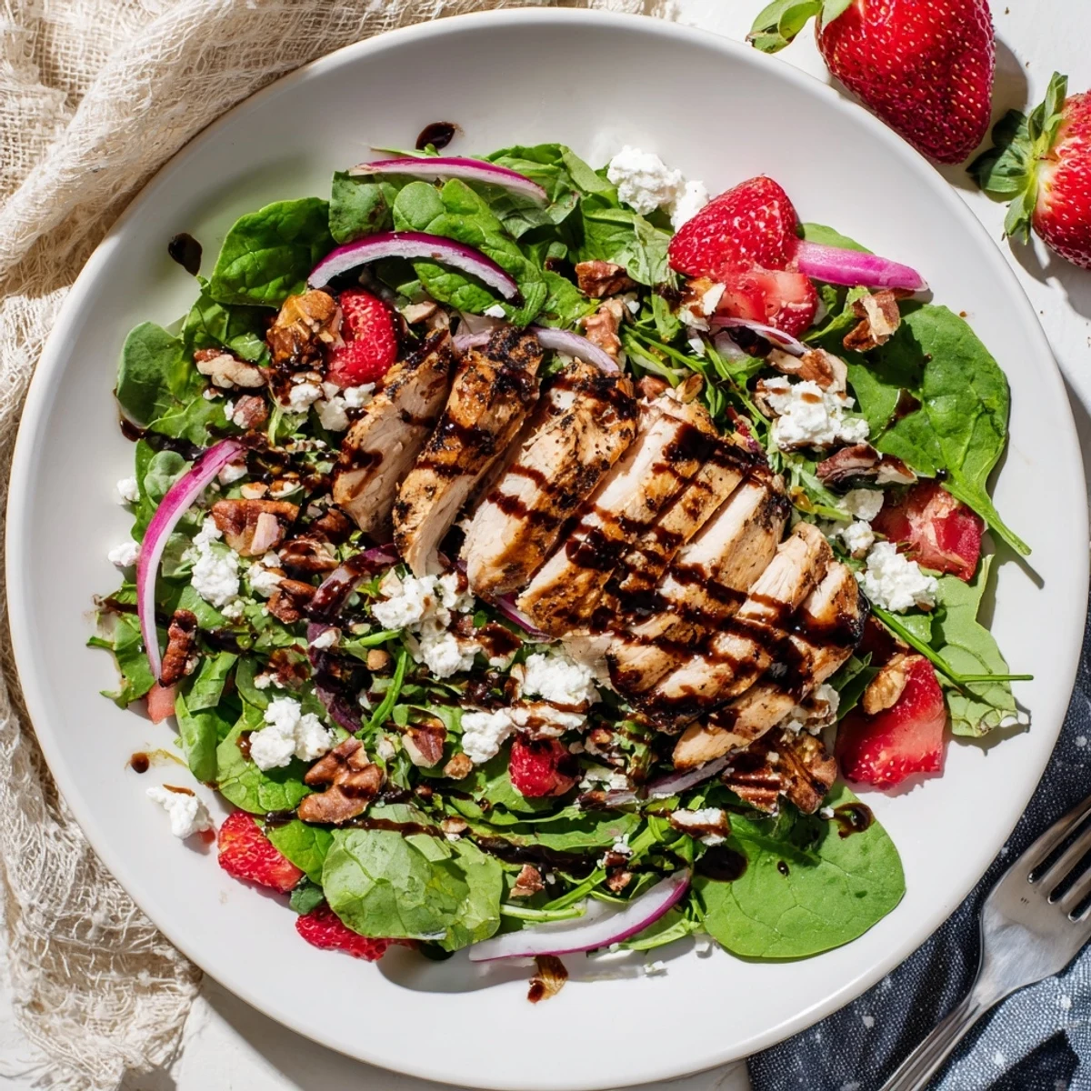 A vibrant bowl of Honey Balsamic Chicken Salad featuring juicy grilled chicken, sweet strawberries, and creamy goat cheese on greens.