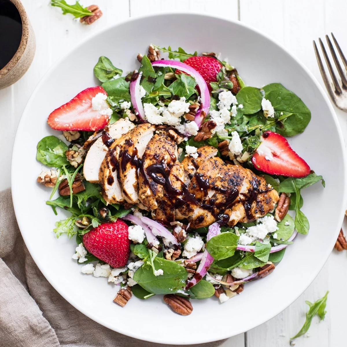 Close-up of Honey Balsamic Chicken Salad drizzled with glaze, topped with strawberries, pecans, and goat cheese on a platter.