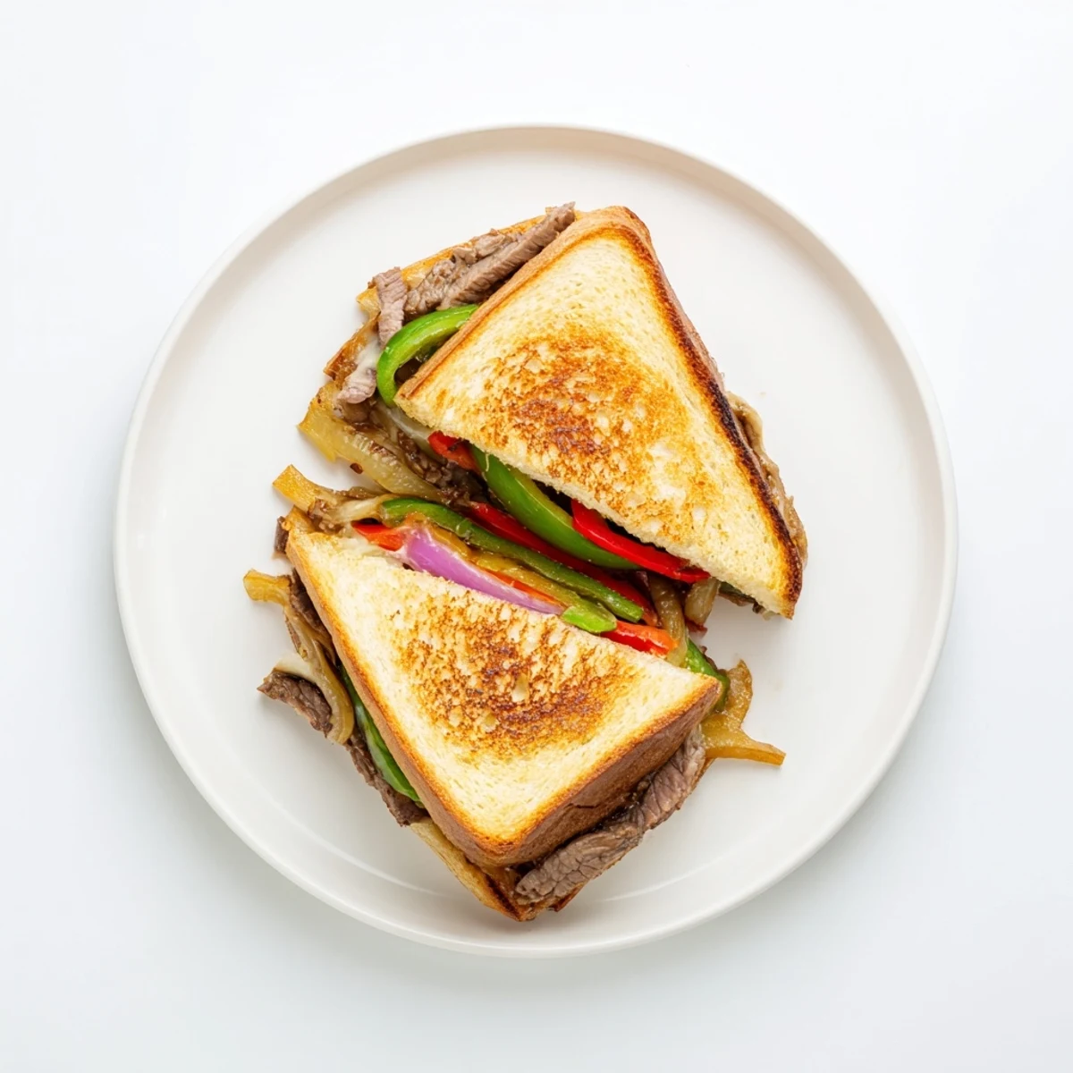 Close-up of a golden-brown Philly Cheesesteak Grilled Cheese sandwich with melted provolone and colorful peppers.  